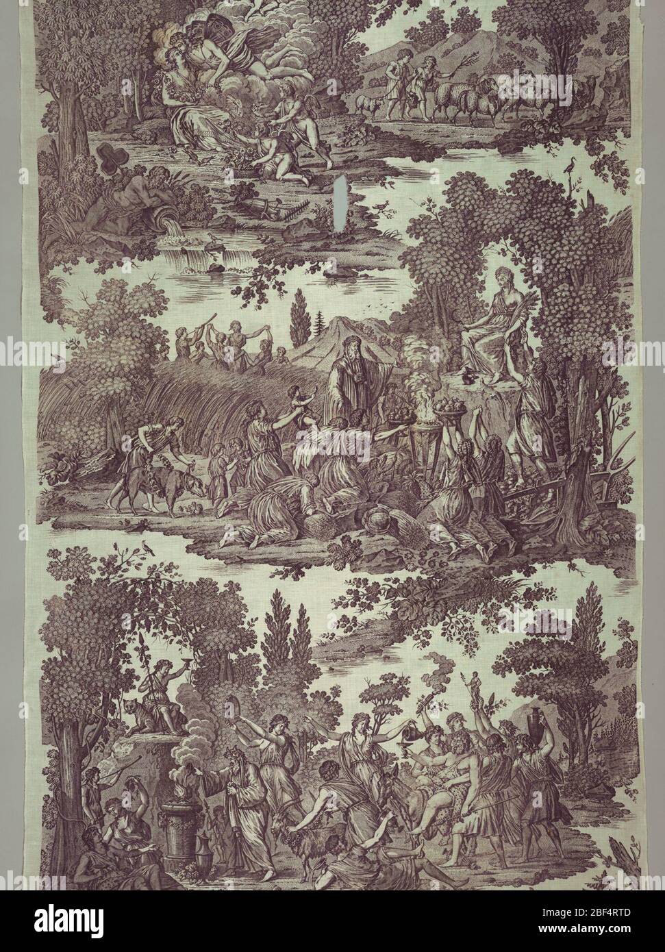 The Four Seasons. Panel of cotton, plain weave, plate-printed in violet. Design of the Four Seasons. Above, left, Cupid appearing from a cloud kisses a miaden; right, boys with sheep; center, gathering of the crops, sacrifice of offerings to Ceres; below, Bacchic revel. Stock Photo