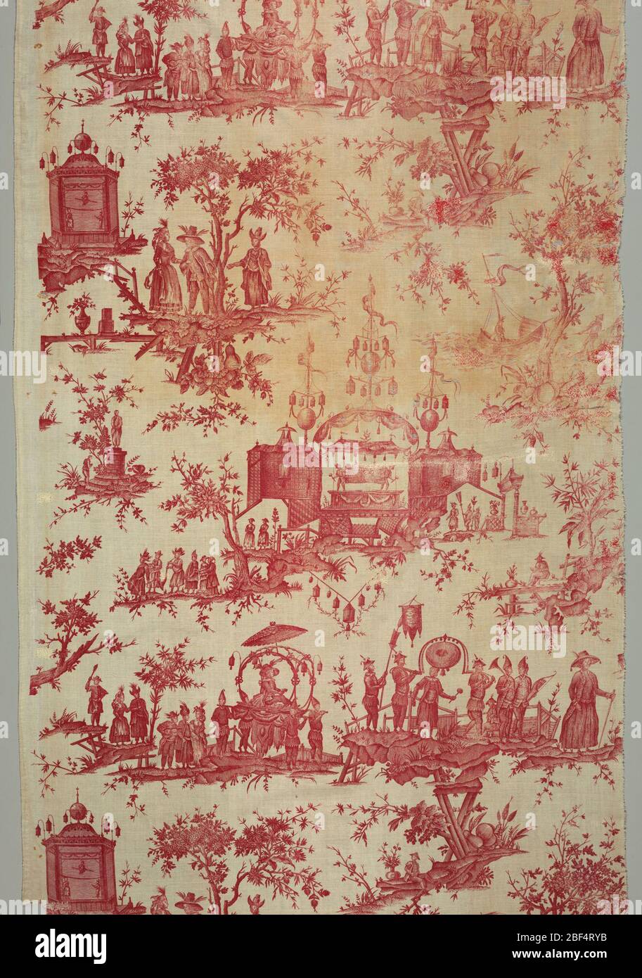 Textile. Two panels of cotton, plain cloth, printed in red, copper plate. Chinoiserie design inspired by an opera by Gretry 'panurge dans l'Isle des Lanternes,' design horizontally arranged shows performers on a stage, processions, etc., personages in fantastic dress. Stock Photo
