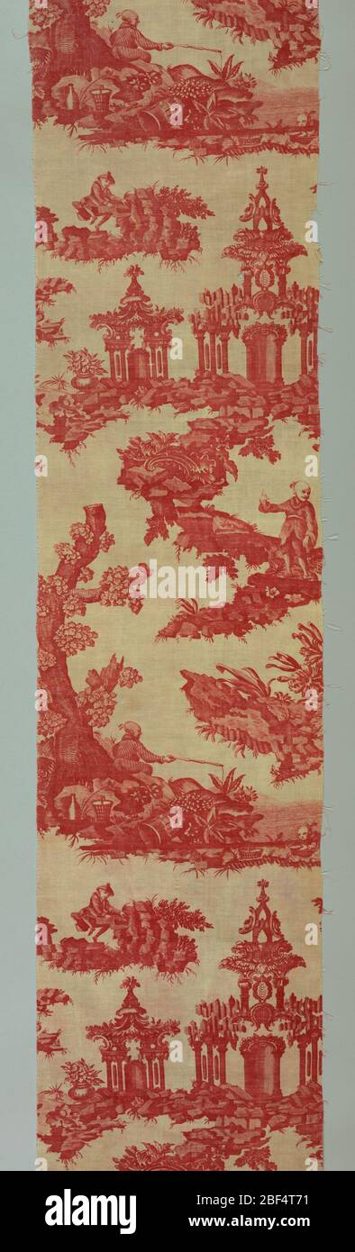 Textile. Chinoiserie design printed in red on a white ground. A pagoda, and boys in Chinese dress on a rock, with birds, with jars, fishing. Another pavillion is formed with rocaille scrolls. The design is a copy of the Bromley Hall design 'Pagoda.' Stock Photo