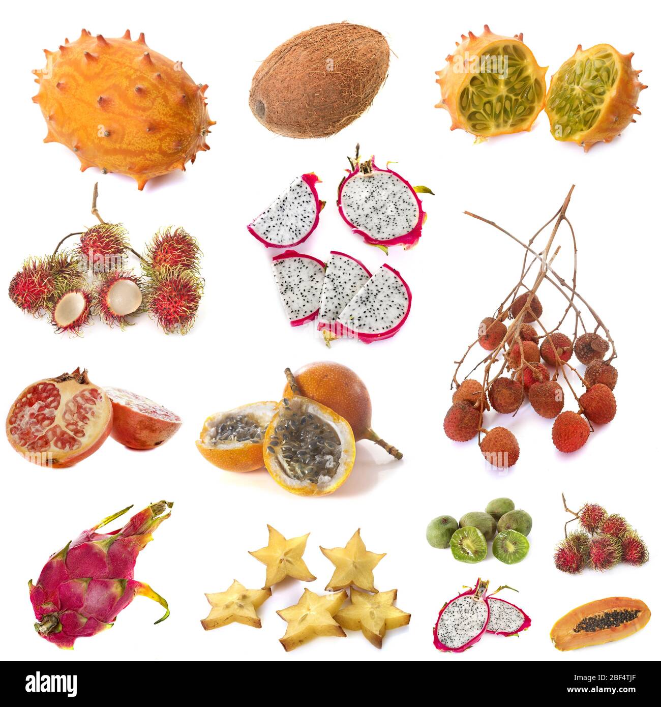 composite picture of exotic fruits in front of white background Stock