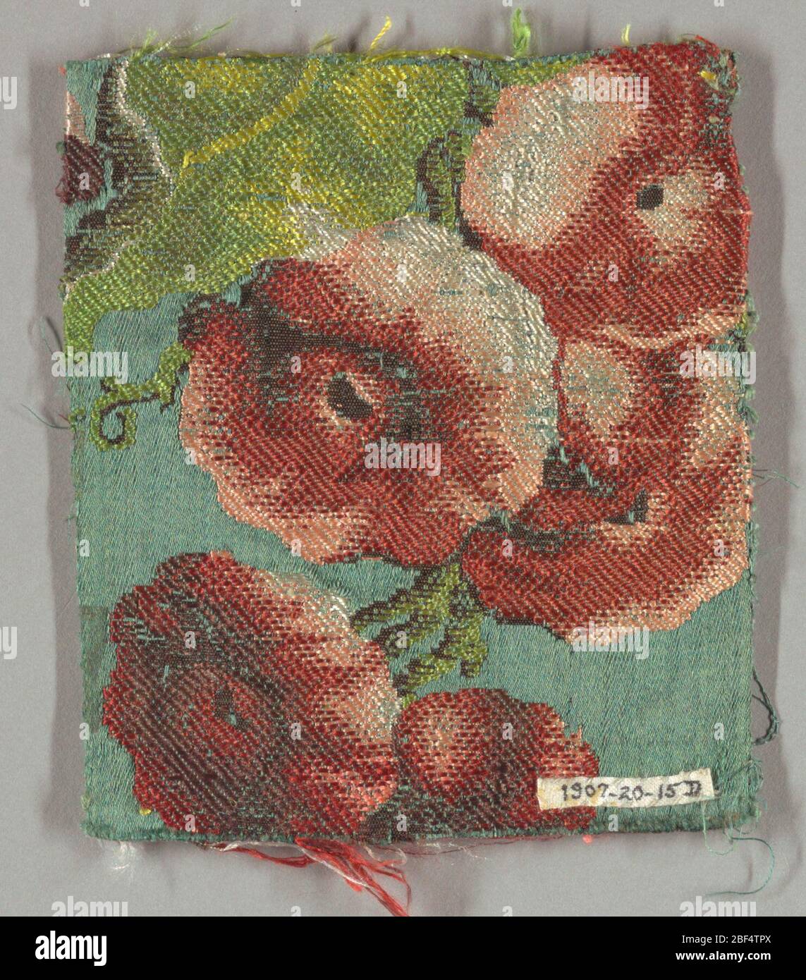 Fragments. Green satin ground with imcomplete design of large-scale flowers and smaller scale tree. Design partly in white and brown secondary wefts and partly in polychrome brocading threads. c: has left selvage present. Stock Photo