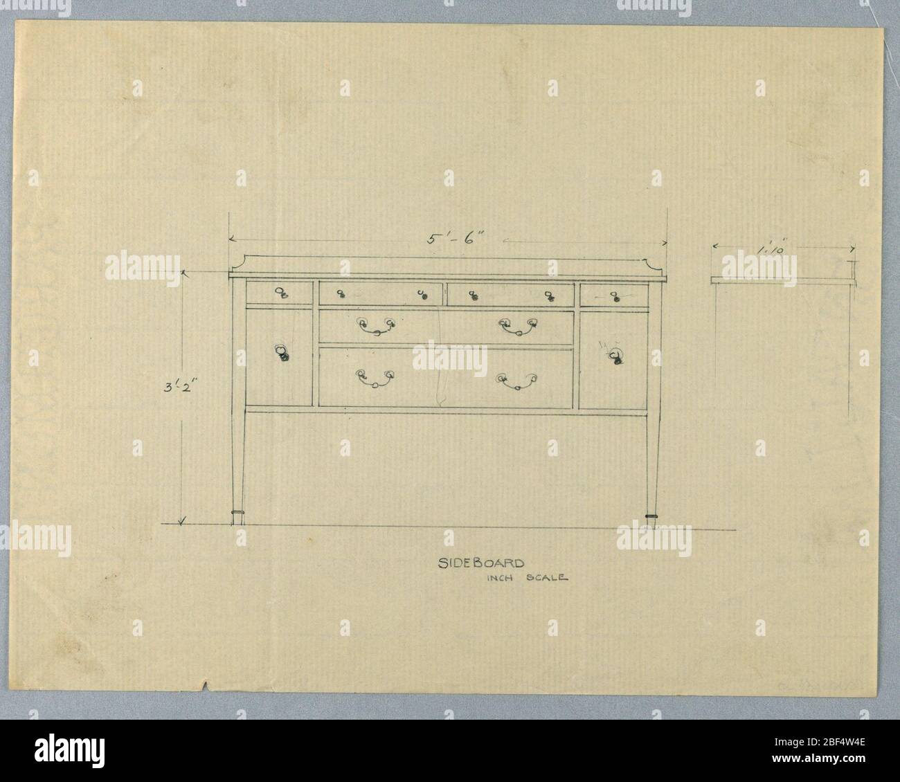 Design for Sideboard with Six Drawers in Plan and Elevation. Elevation view: rectangular sideboard with backsplash and 4 straight tapering legs [2 shown]; 2 large horizontal drawers center front, flanked by 2 doors and topped by 4 small conforming drawers extending across entire front.Side view: rectangular silhouette. Stock Photo