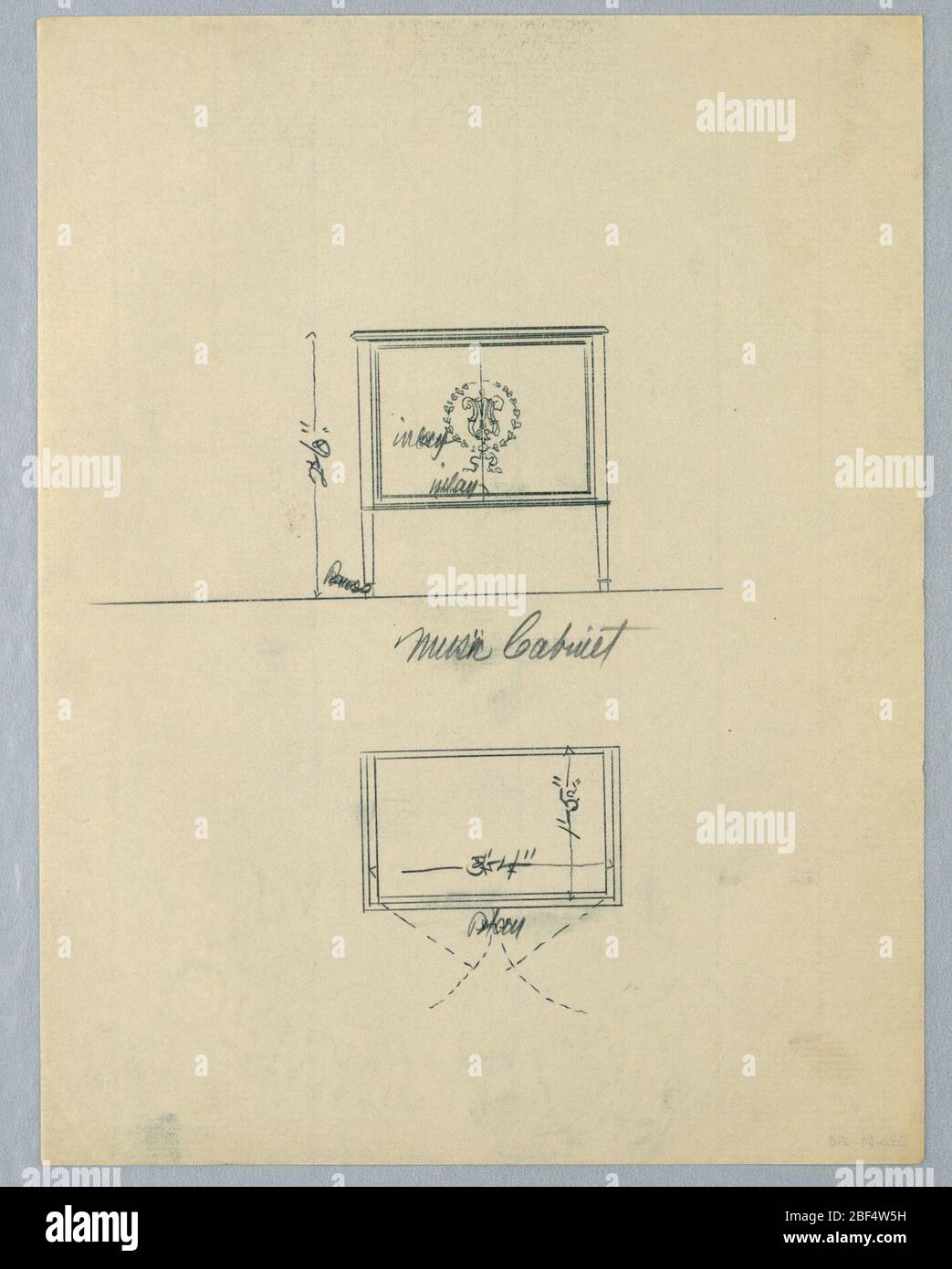 Elevation and Plan of Music Cabinet with Inlay. Elevation (upper half of sheet): rectangular 2-door panel at front with inlaid laurel wreath center; raised on straight slightly tapering feet. Plan (below center): rectangular top of cabinet. Stock Photo