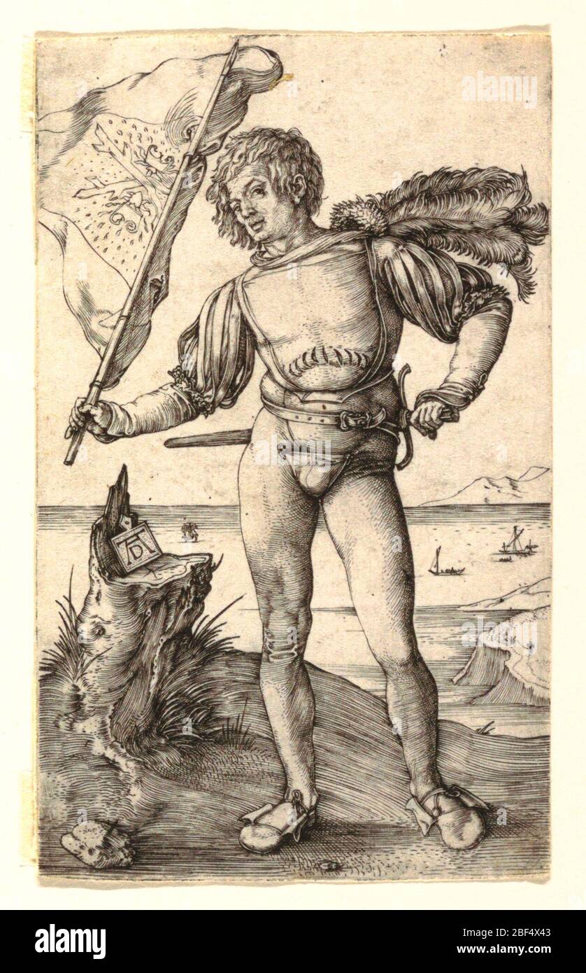 The Standard Bearer. A young soldier is represented standing, facing the spectator: his left hand grasps his sword and he holds a banner with his right hand. The coat of arms of the Dukes of Burgundy is on the banner. Harbor with ships in background. Stock Photo
