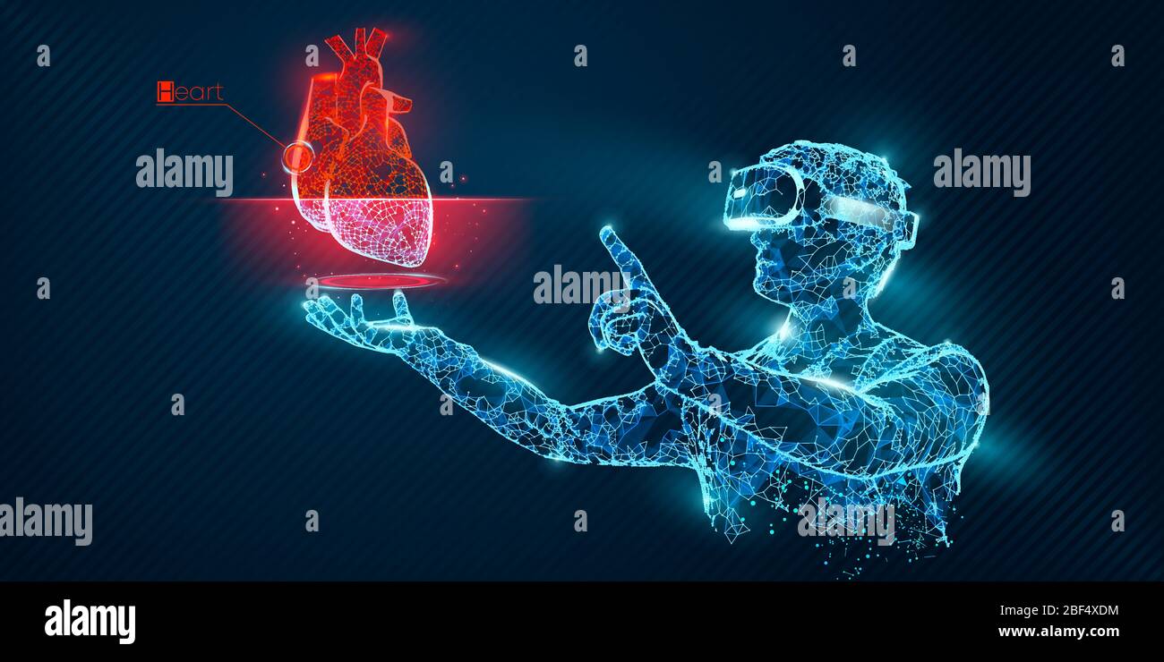 VR wireframe headset vector banner. Polygonal man wearing virtual reality glasses, with holographic of heart. Science, diagnostics, virtual analytics Stock Vector