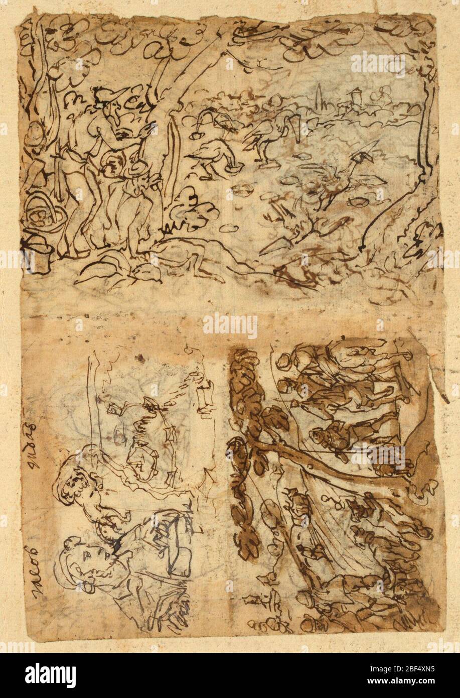 Recto above Crane hunt using cones Below left Jacob half figure lion with a blindfold over his head map of a fortifications Below right Fox Hunt Verso above left Starling Hunt below left Lion hunt with torches and nets right half figures of St Joseph Abraham and Isaac and an unknown figure inscription. Recto, top: Fowlers trapping cranes by means of bait placed in paper cones which are set into the ground. Fowlers are at left, behind a tree. Below, left: bust-length figure, inscribed above 'Jacob'; right, hunters and dogs trapping a small animal in a tree. Stock Photo