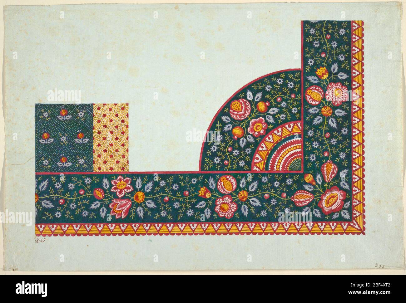 Drawing. Corner border design, red, yellow and white flowers with violet leaves on dark green background. Scalloped red edge on right and lower borders. Stock Photo