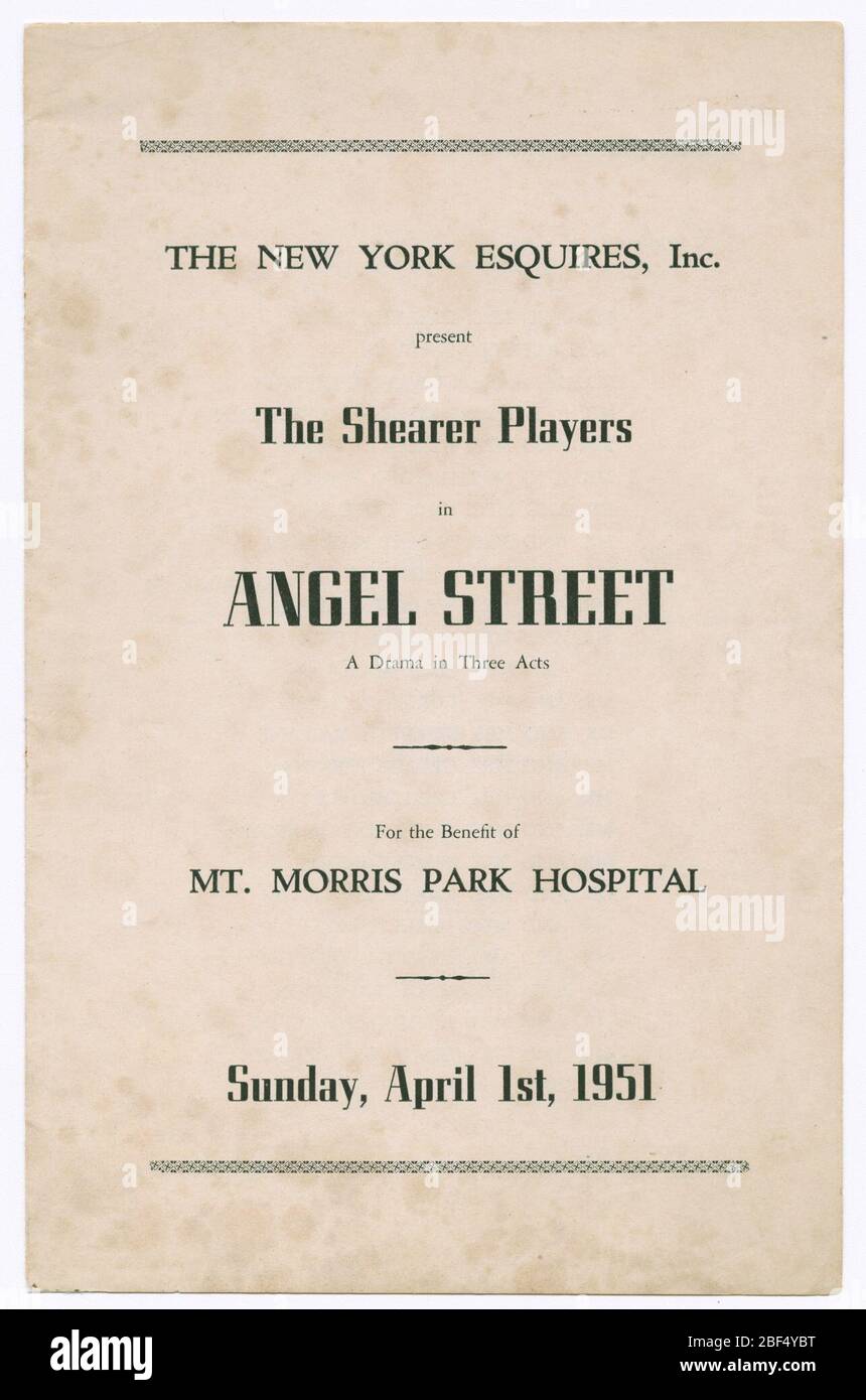 Program for the Shearer Players production of Angel Street. A program for a production of 'Angel Street' performed by the Shearer Players consisting of black printed text on white paper. Liz White acted and directed in the production, which was sponsored by New York Esquires, Inc. Stock Photo