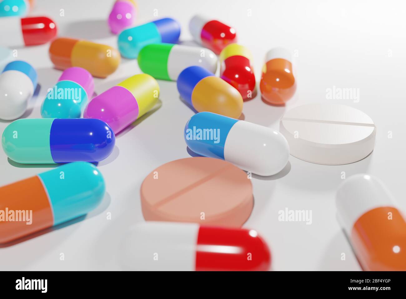Medicine tab capsule pill and drug tablet mix colour colorful set on white 3D rendering. Stock Photo