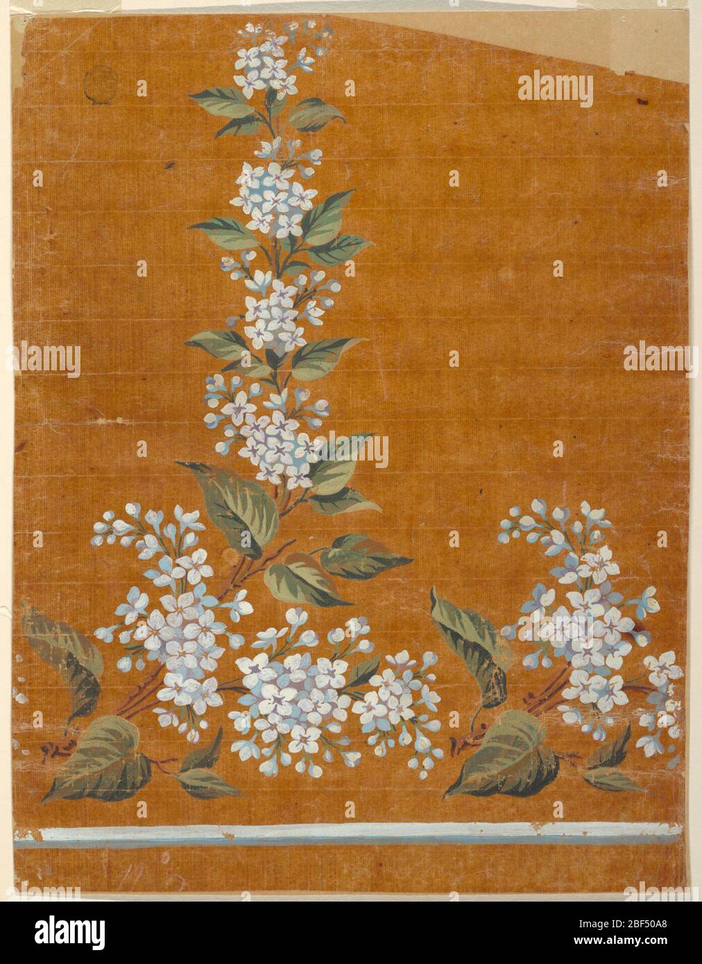Design for the Border Motif of a Woven Fabric of the Fabrique de St Ruf. Boughs with leaves and and bluish blossoms stand over a white and blue stripe. One bough and the lower part of a second one are shown. Stock Photo