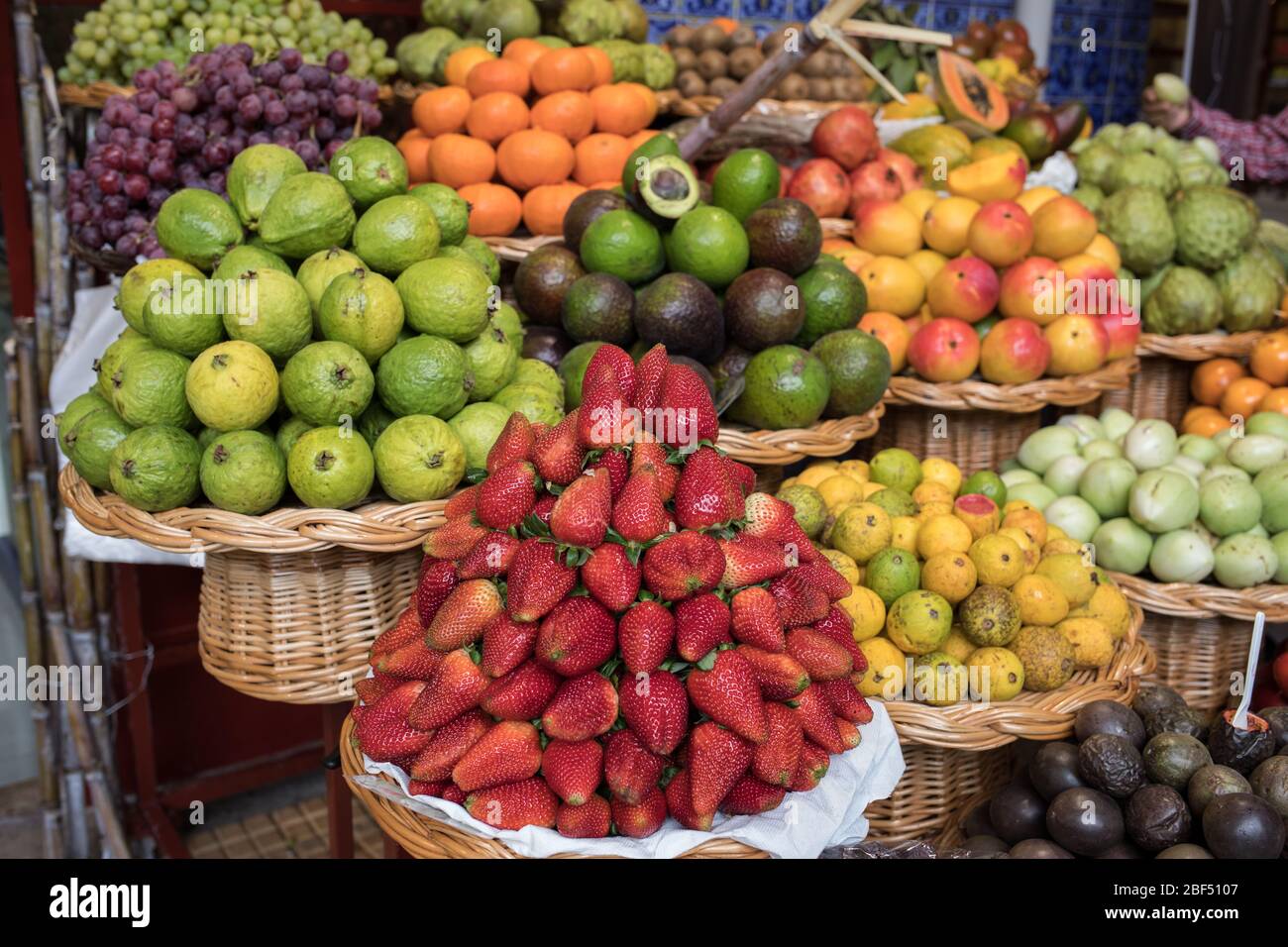 Fresh exotic fruits in Mercado Dos Lavradores. Funchal, Madeira