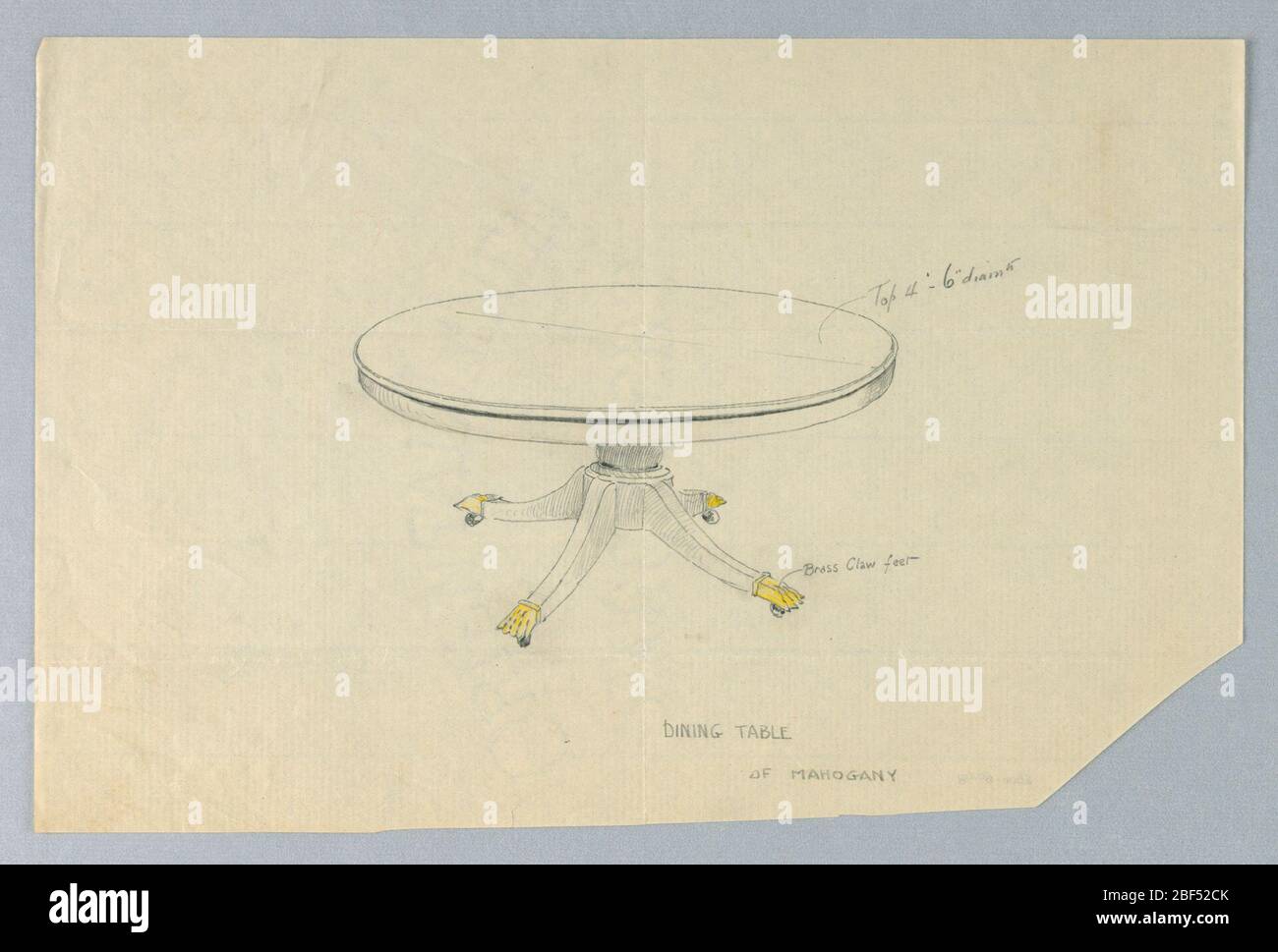 Design for Mahogany Dining Table. Round table top raised on short cylindrical  support sitting on round