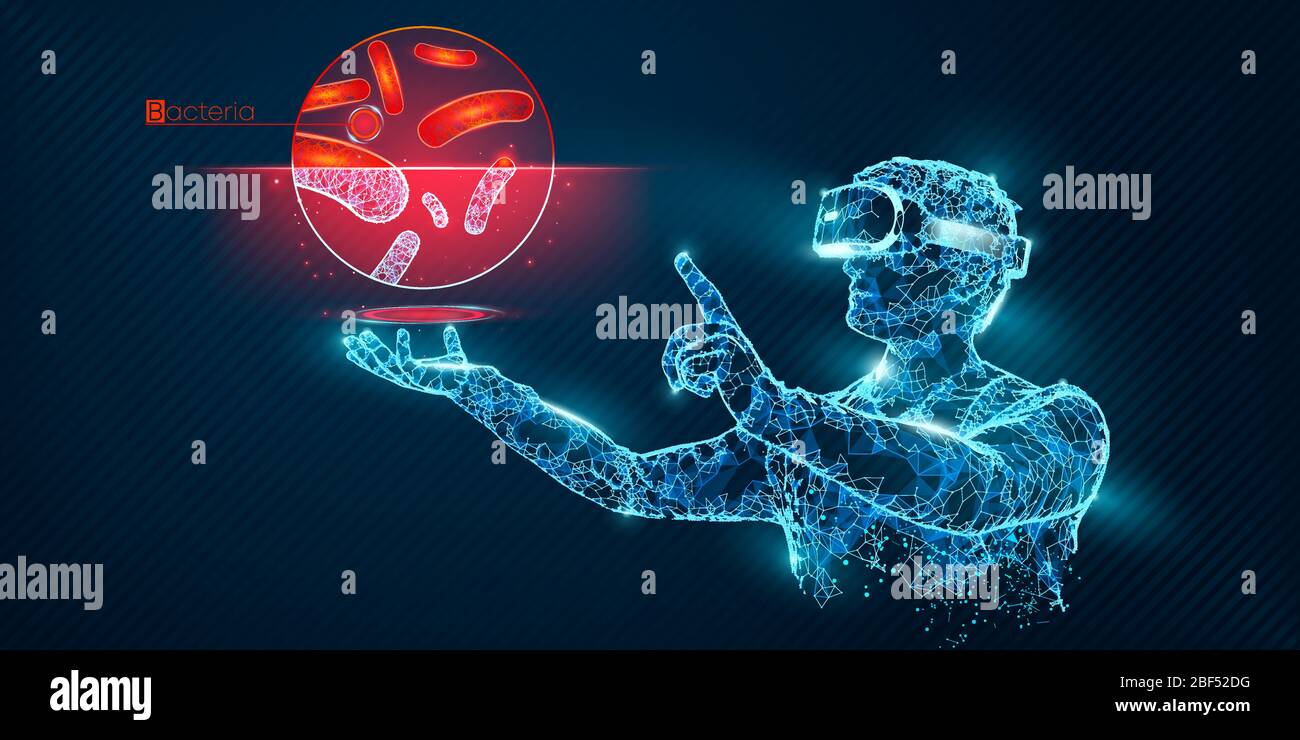 VR wireframe headset vector banner. Polygonal man wearing virtual reality glasses, with holographic of bacteria. Science diagnostics virtual analytics Stock Vector