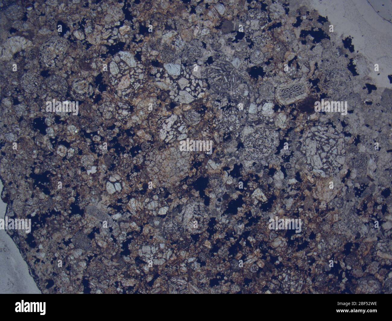 Micrograph of RKPA80232,2 meteorite under plane-polarized light at 1.25x magnification. Stock Photo