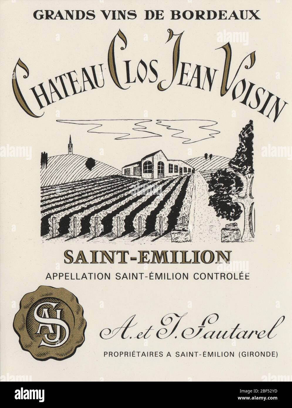 Unused vintage wine label from a Château Clos Jean Voisin Saint Emilion wine, with a drawing of vineyards Stock Photo