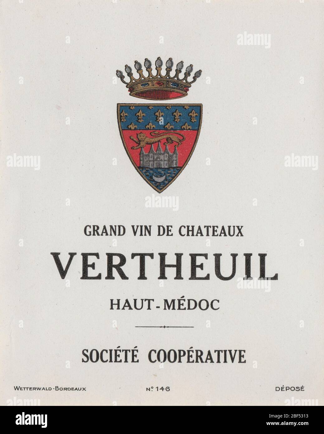 Unused vintage wine label from a Grand Vin de Chateaux Vertheuil in the Haut-Médoc region, France Stock Photo