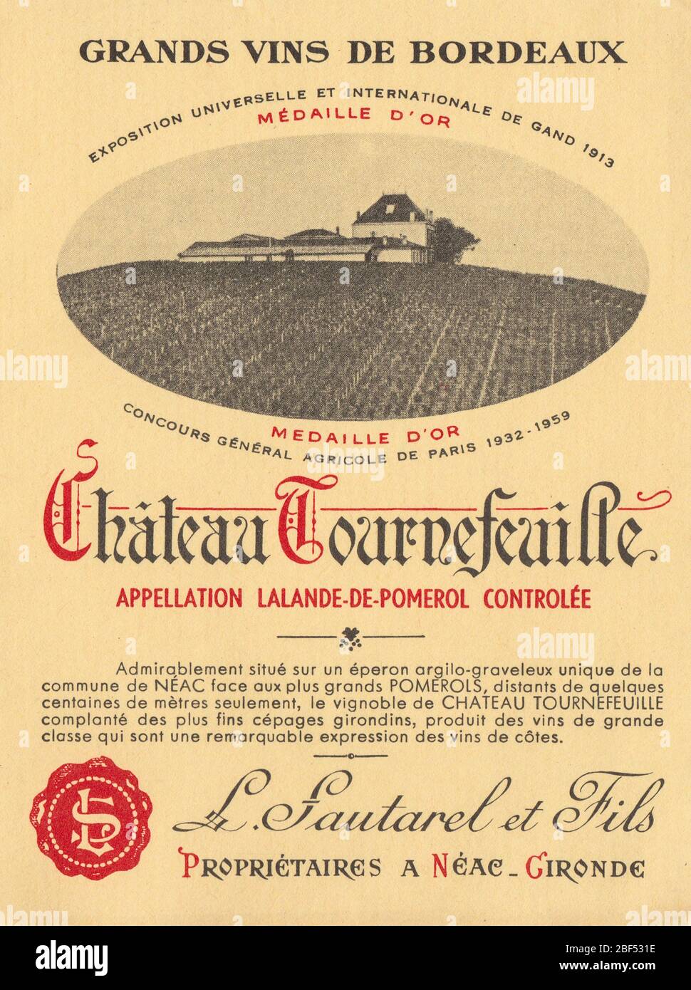 Unused vintage wine label from a Chateau Tournefeuille, Lalande de Pomerol, France Stock Photo