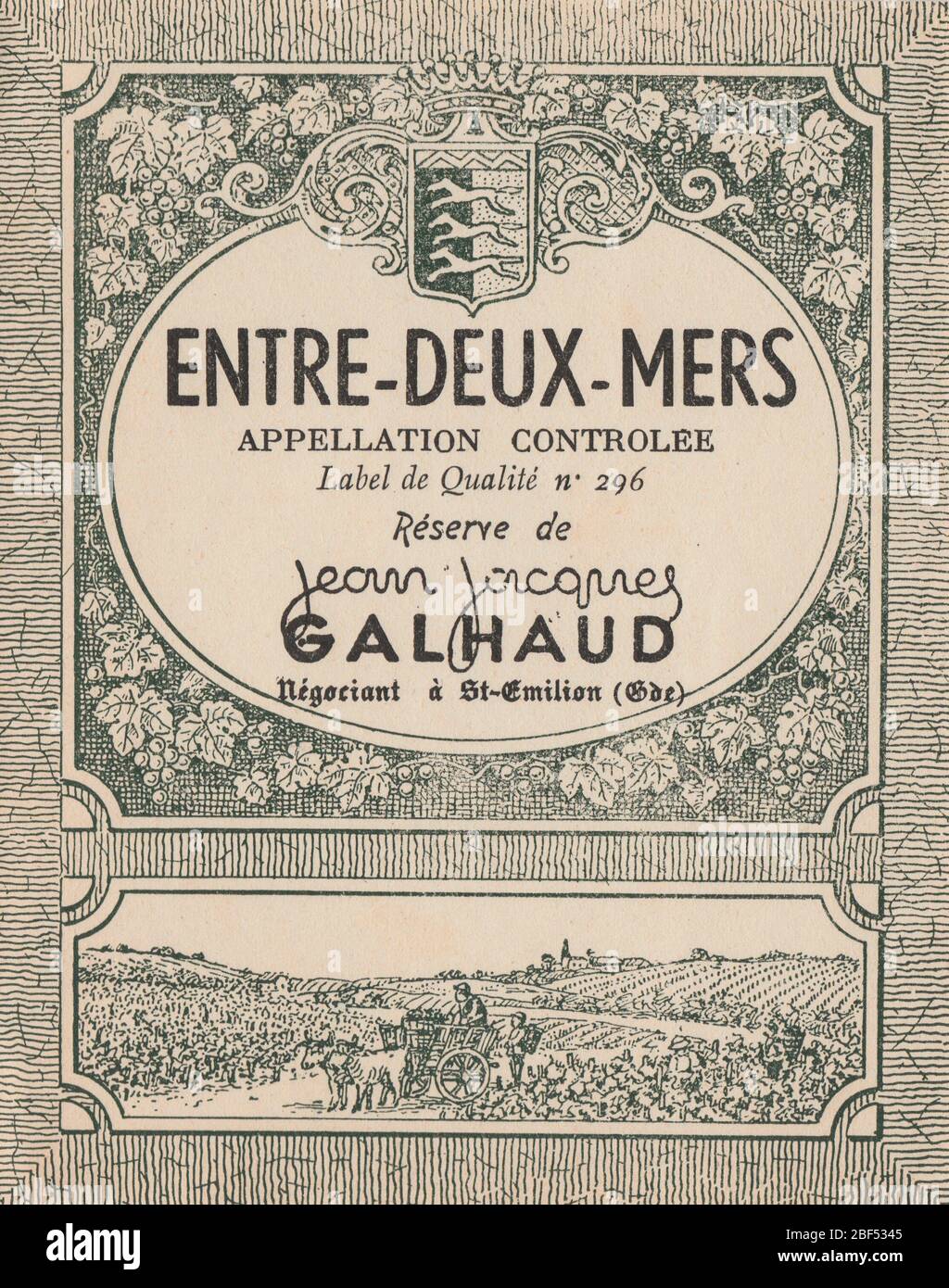 Unused vintage decoated wine label from a ‘entre-deux-mers’  Jean Jacques Galhaud, France Stock Photo