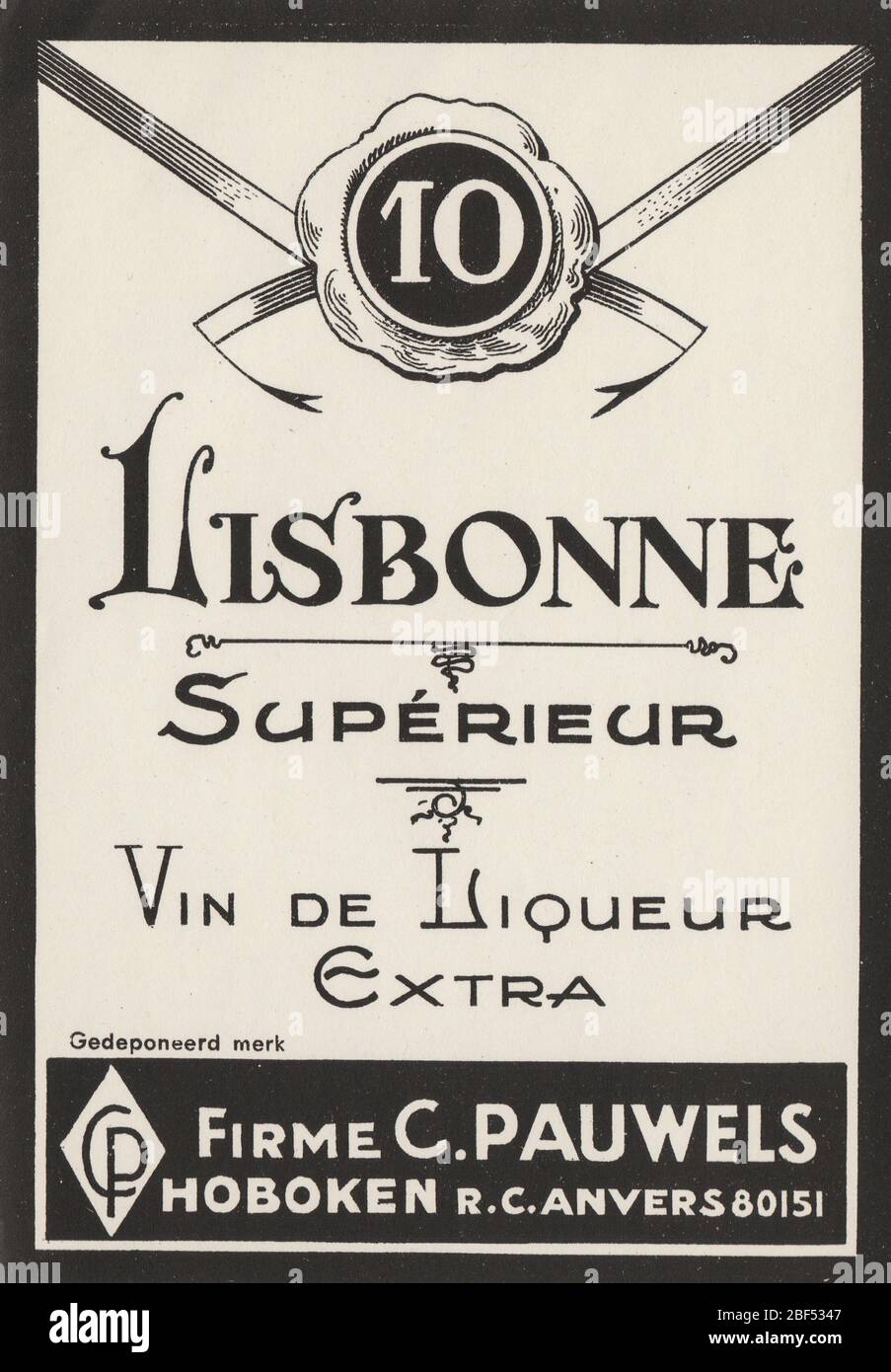 Unused and rare vintage label of Lisbonne supérieur Vin de liqueur ginjinha or liqueur de ginja, Portugal Stock Photo