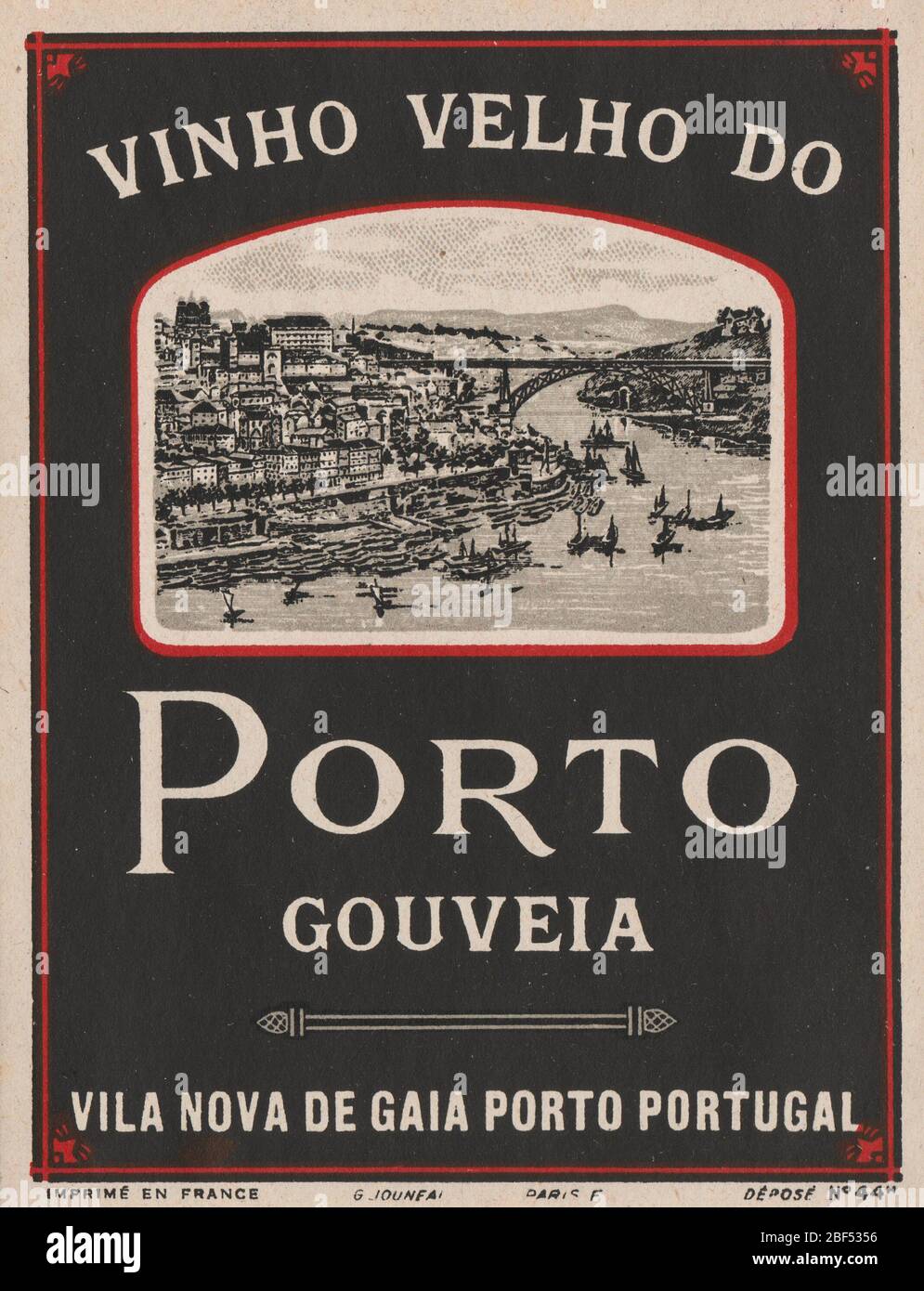 Unused and rare vintage label of Portuguese Port Wine, with a drawing of the Douro river crossing Porto city, Portugal. Stock Photo