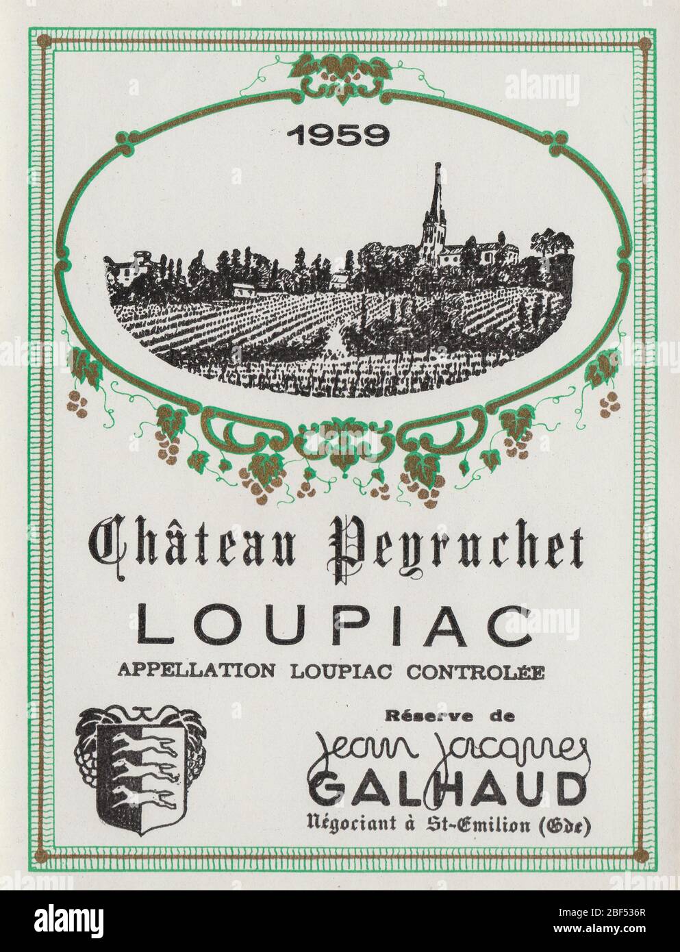 Unused vintage wine label from a 1959 Loupiac wine from Château Pegrachet, by Jean Jacques Galhaud, France Stock Photo