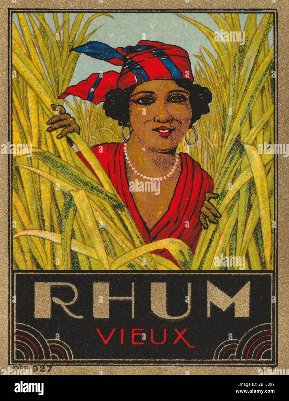 Vintage unused and rare label for Rhum (American: Rum of Jamaica) liquor. This label has an illustration of slavery, showing a black african slave bet Stock Photo