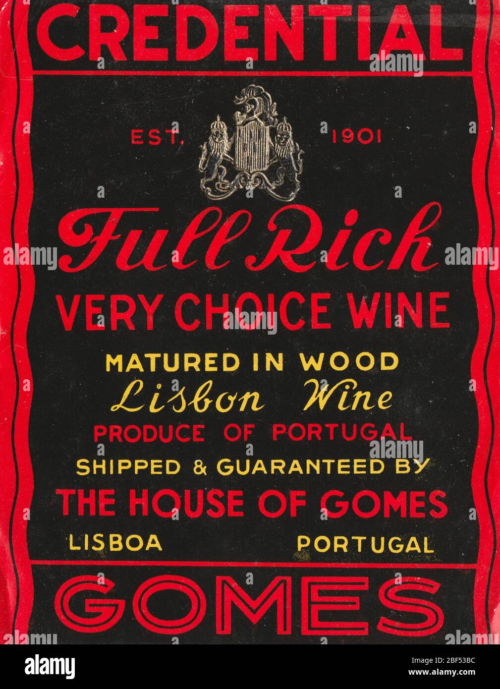 Unused and rare vintage label of Portuguese Port Wine Credential, Portugal Stock Photo