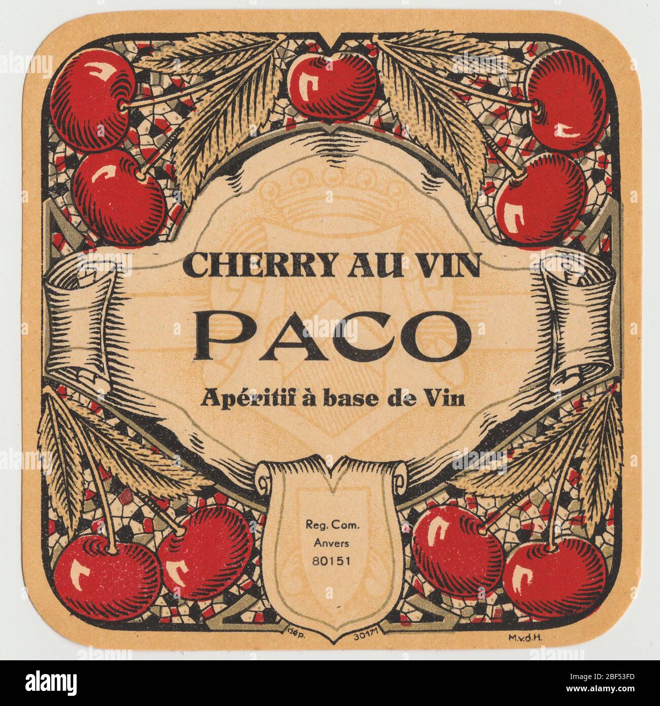 Unused and rare vintage label of a Cherry Brandy liquor, this label is decorated with red cherries. Brandy is a spirit produced by distilling wine. Br Stock Photo