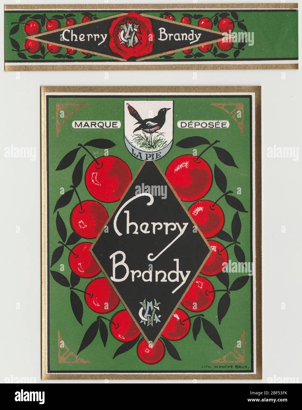 Unused and rare vintage label of a Cherry Brandy liquor, this label is decorated with red cherries. Brandy is a spirit produced by distilling wine. Br Stock Photo