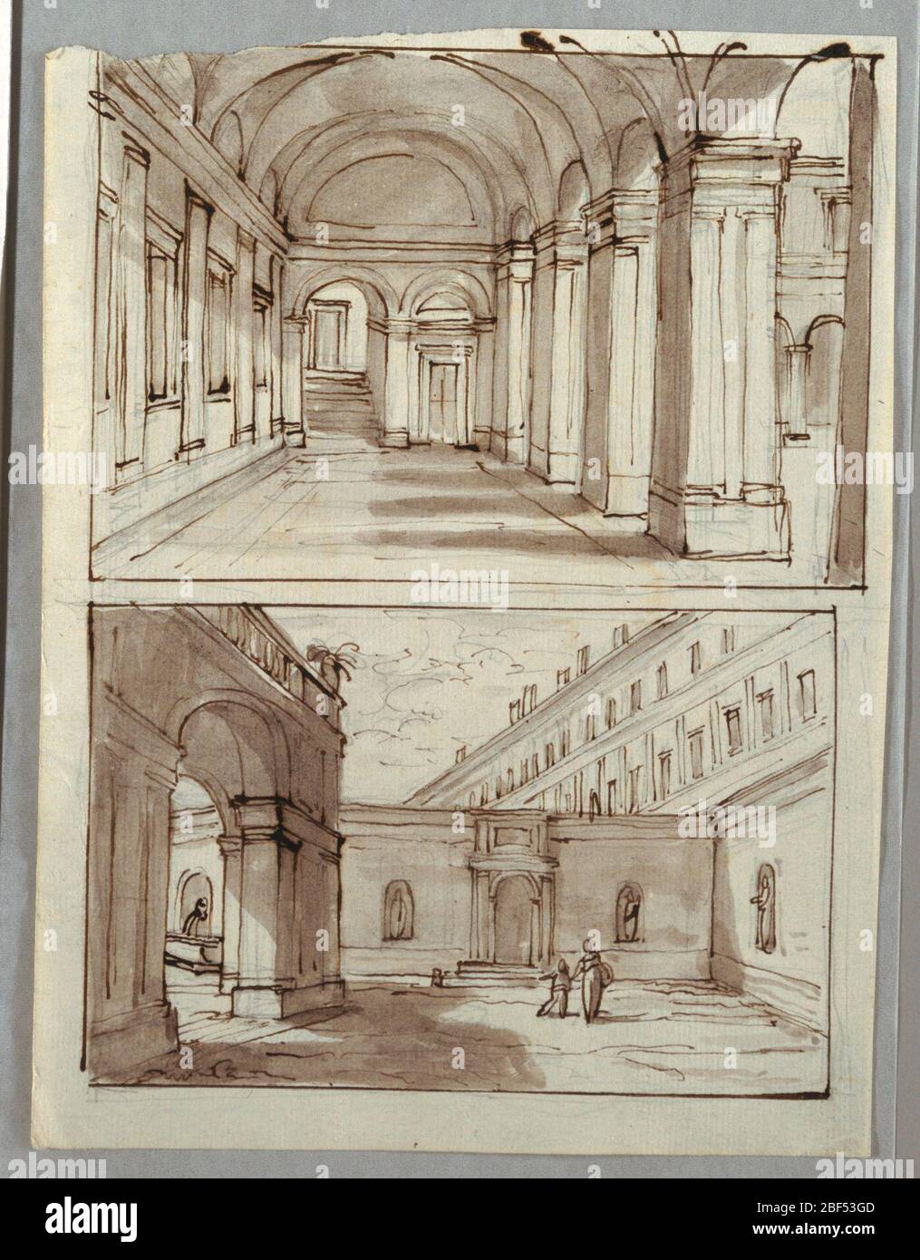 Two Designs for Portico and Court of Palace. Vertical rectangle with two horizontal compositions. At top, interior of portico in palace. At bottom, two figures, possibly mother and child, in palace court with archway and fountain at left. Stock Photo