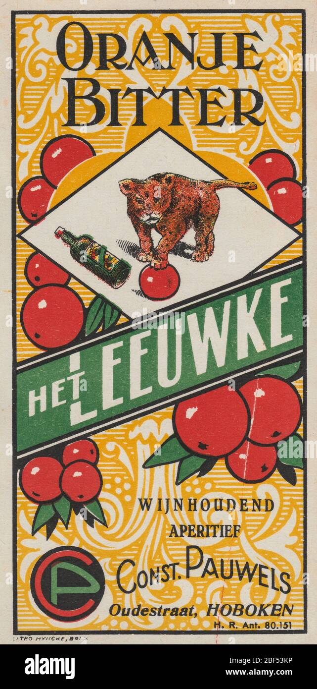 Rare vintage unused label of Oranje Bitter liquor ‘Het Leeuwke’, with a lion on an orange background. Oranjebitter en oranjelikeur zijn likeuren berei Stock Photo
