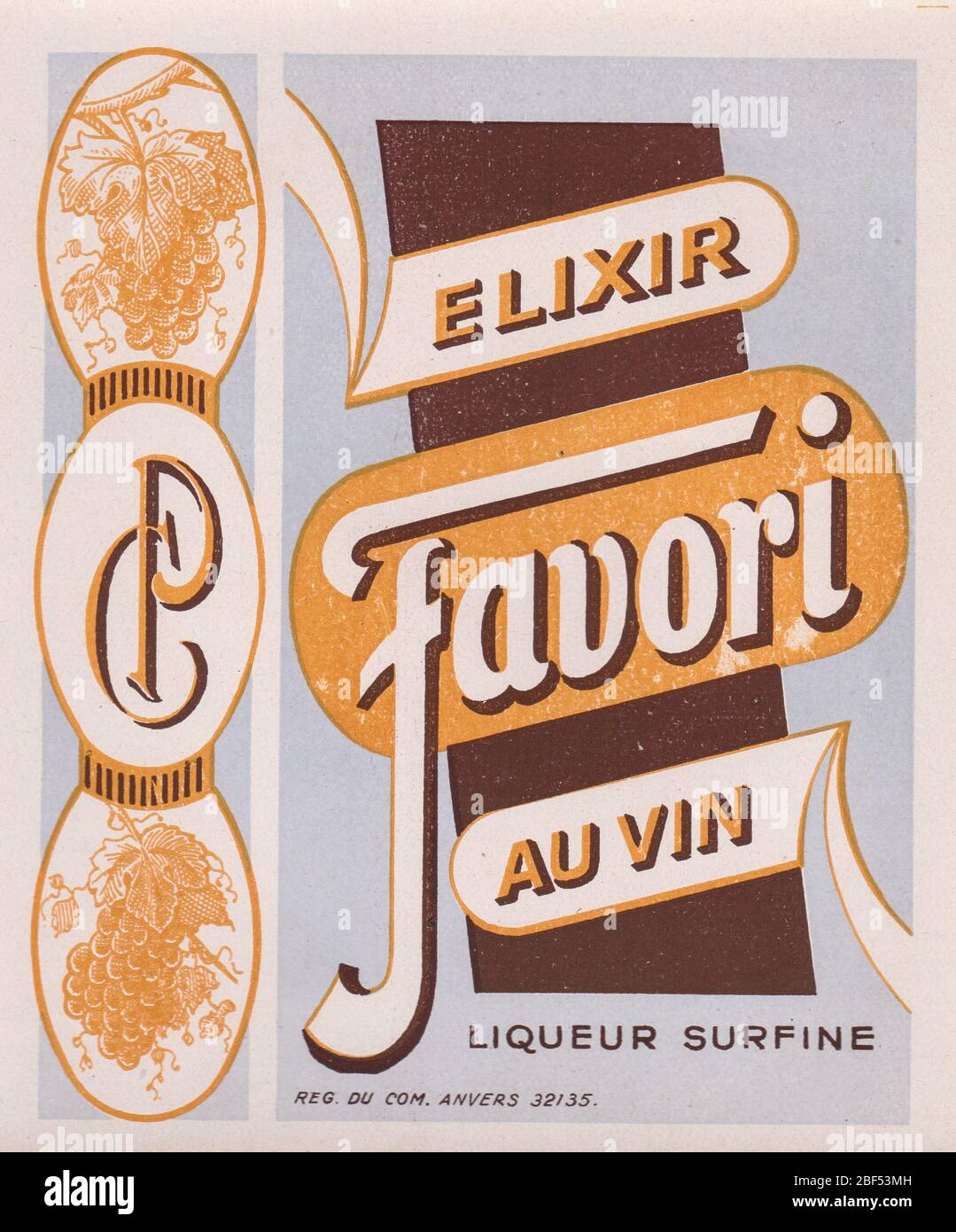 Vintage rare unused label of Elixir Favori liquor au vin from distillery C. Pauwels from Hoboken in Belgium Stock Photo