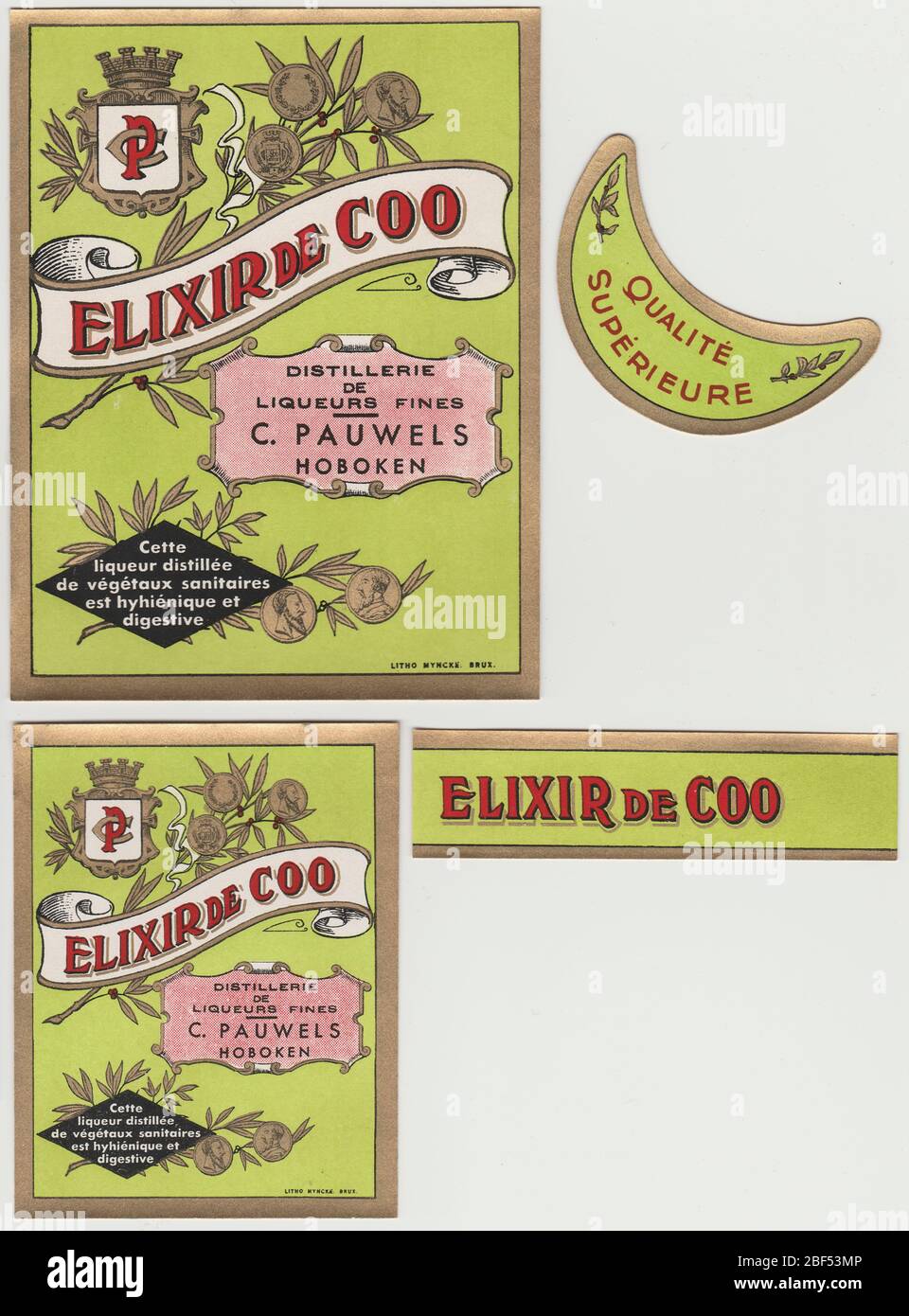 Vintage rare unused label of Elixir de Coo liquor showing golden decorations on a green background, from distillery C. Pauwels from Hoboken in Belgium Stock Photo