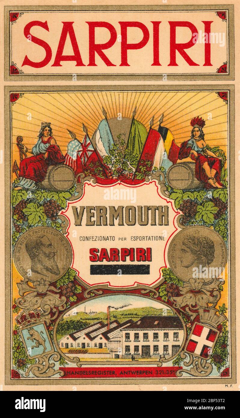 Vintage rare unused label of Sarpiri Vermouth with many decrations such as the distillery. Vermouth is an aromatized, fortified wine flavored with var Stock Photo