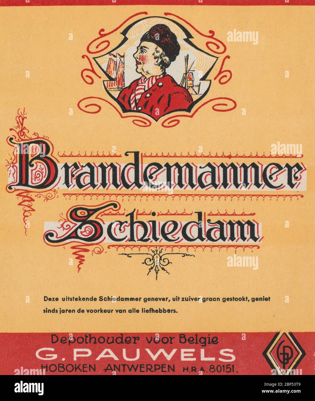 Stylish unused and new decorated vintage jenever label from gin ‘Brandemanner’, Schiedam, distilled at distillery C. Pauwels from Hoboken in Belgium Stock Photo