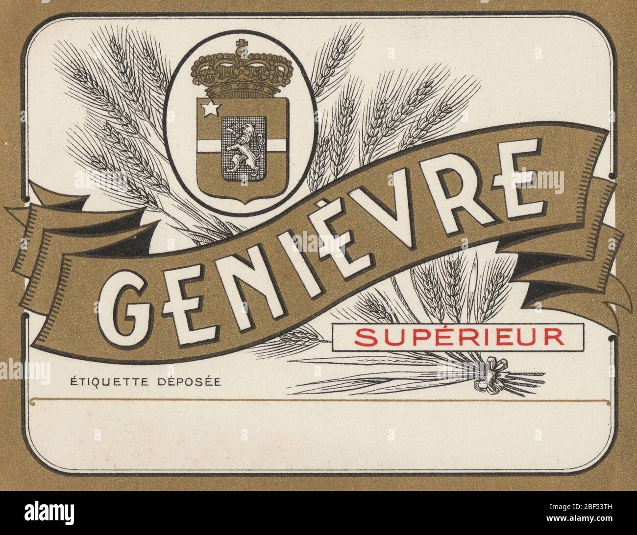Rare stylish unused and new decorated vintage jenever label stating Genever van ’t Vat or Genièvre Stock Photo