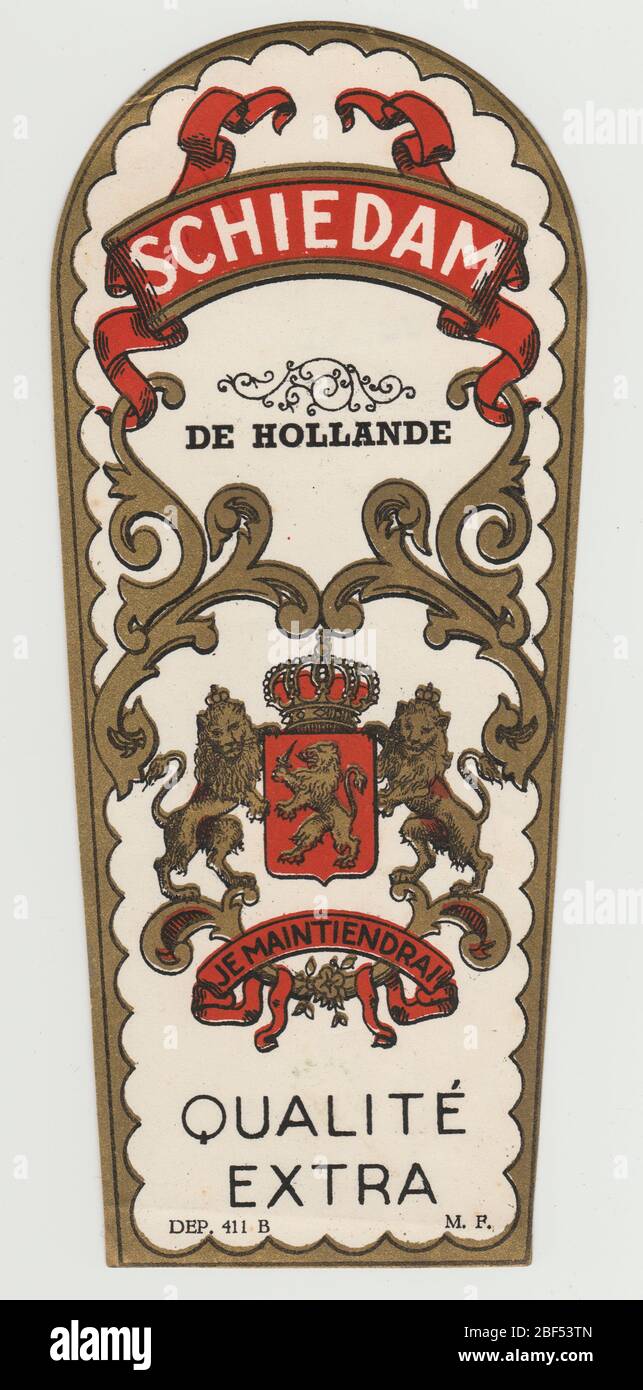 Stylish unused and new decorated vintage jenever label from gin ‘Schiedam’ De Hollande Qualité Extra, Schiedam in the Netherlands Stock Photo
