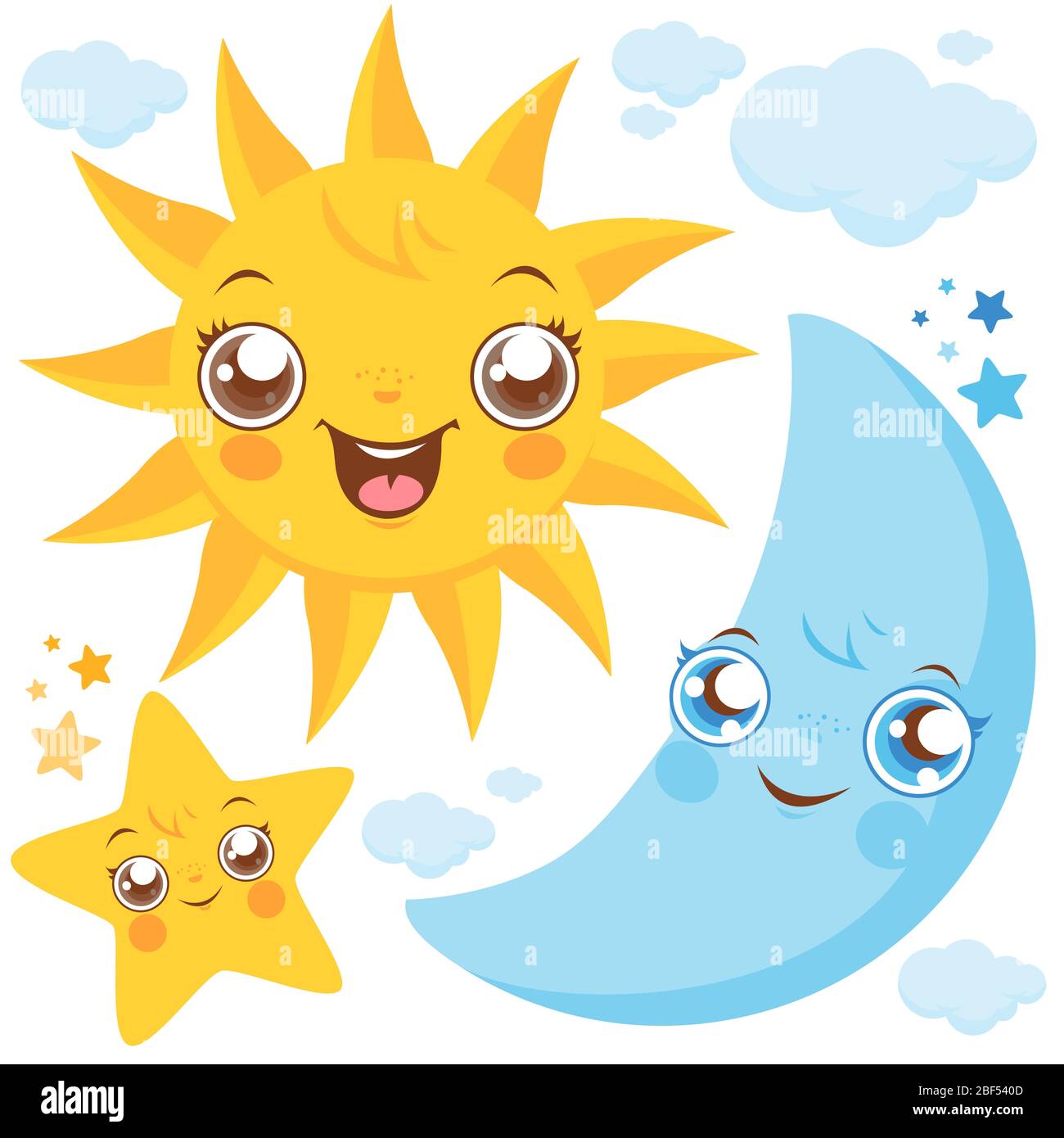 Illustration set of cute cartoon sun, moon, stars and cloud characters. Stock Photo