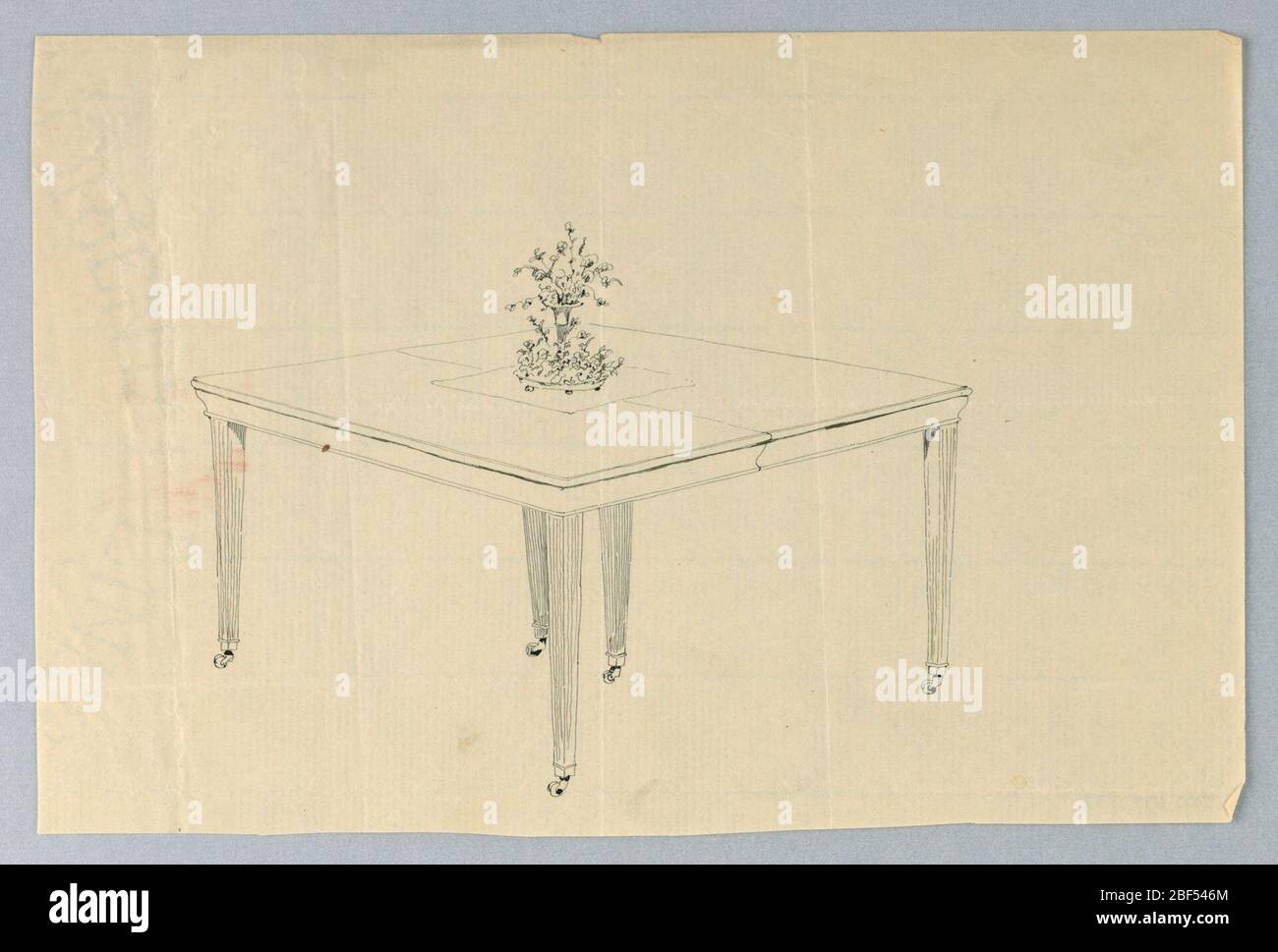 Design for a SixLegged Rectangular Table with a Fower Vase. Rectangular molded top with dividing stretcher at center, raised on 6 tapering plain legs on casters - one pair on either side and one pair at center; at center of table top, flower vase on doiley. Stock Photo