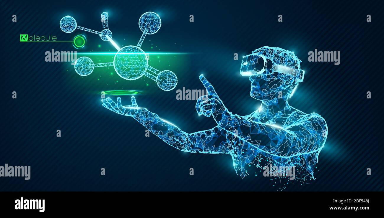 VR wireframe headset banner. Polygonal man wearing virtual reality glasses, with holographic of molecules. Science, diagnostics, virtual analytics Stock Vector