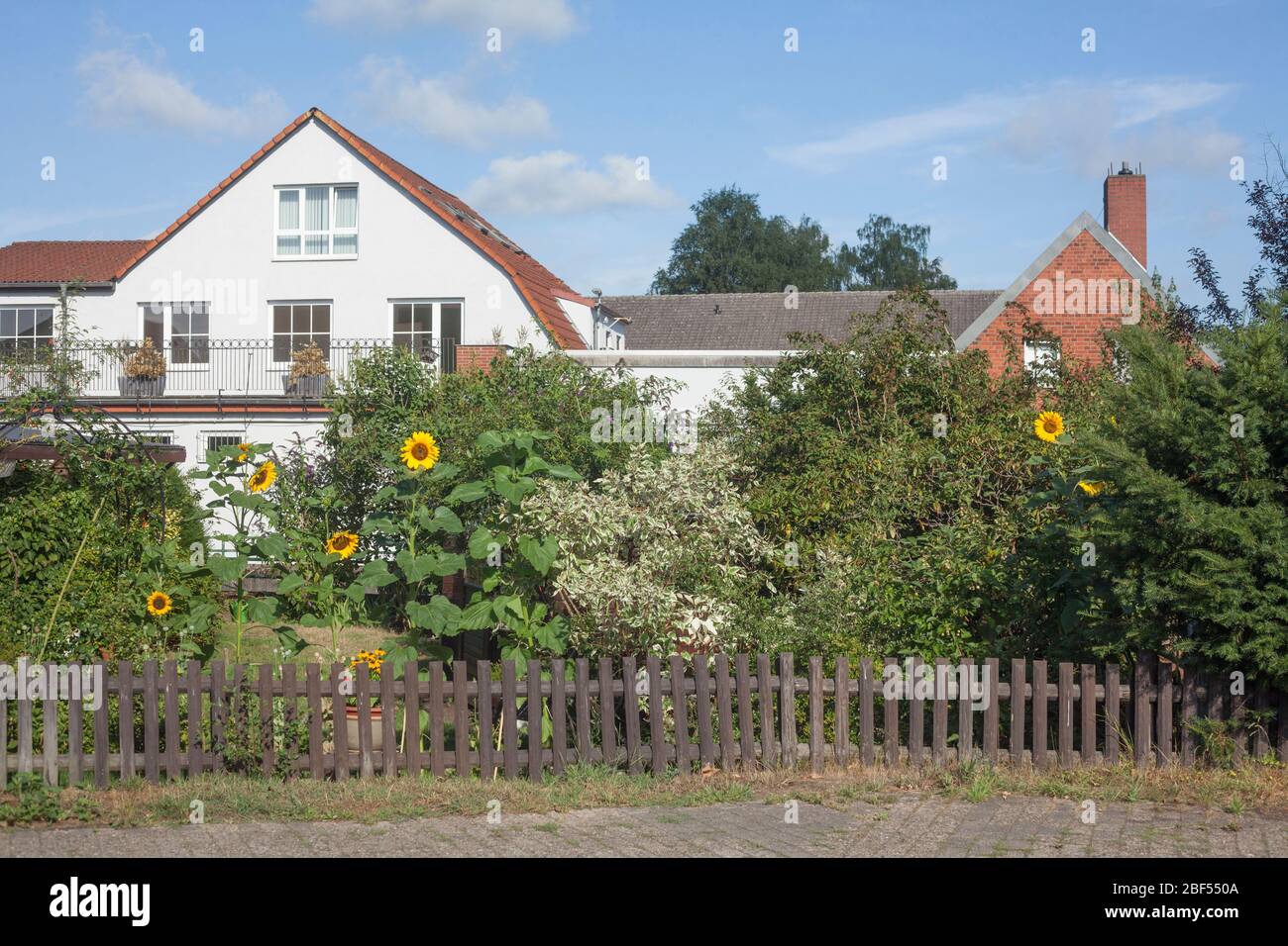 Wohnhäuser mit Gartenzaun am Fluss Wörpe, Lilienthal, Niedersachsen, Deutschland, Europa Stock Photo