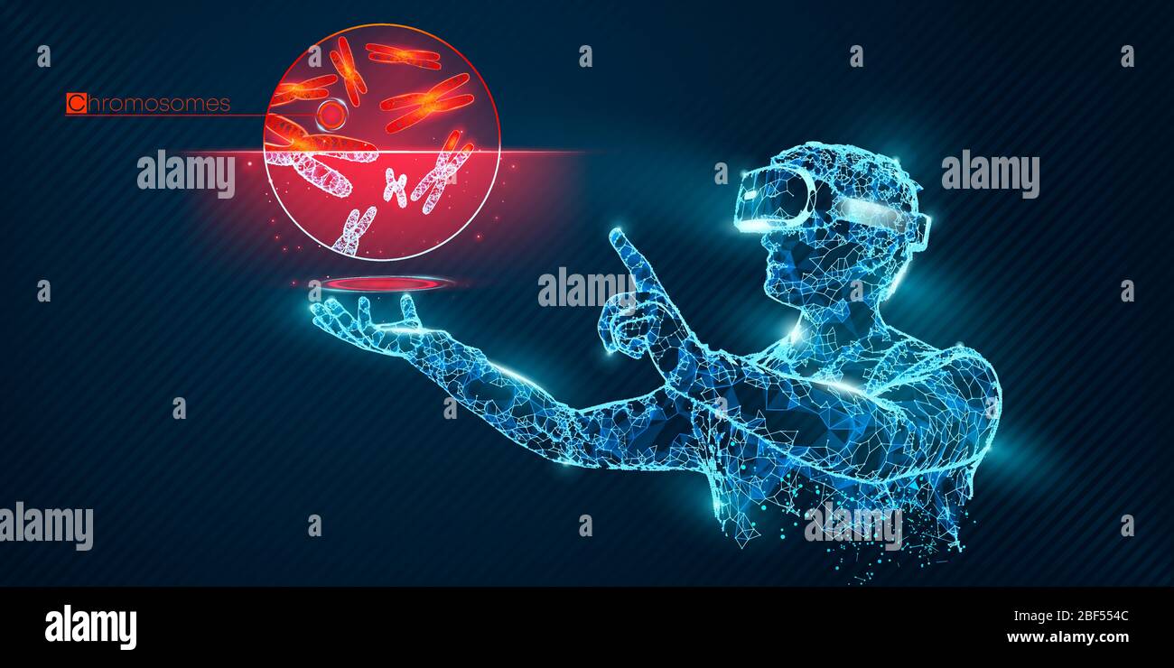 VR wireframe headset banner. Polygonal man wearing virtual reality glasses, with holographic of chromosome. Science, diagnostics, virtual analytics Stock Vector