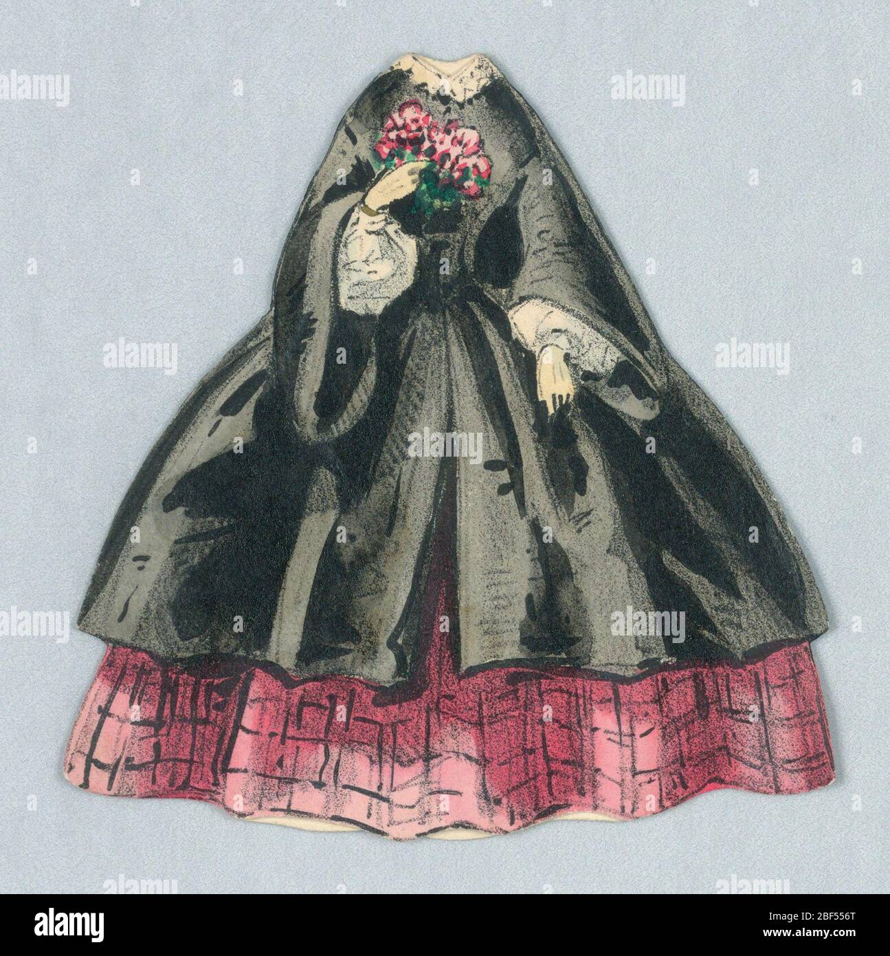 Paper Doll Costume in Black over Checked Pink Skirt. This ensemble consists of a black outer layer with a white lace collar and inner sleeves, over a pink, checked full skirt. She holds a bouquet of flowers in her right hand. Both back and front of the outfit is represented. Stock Photo