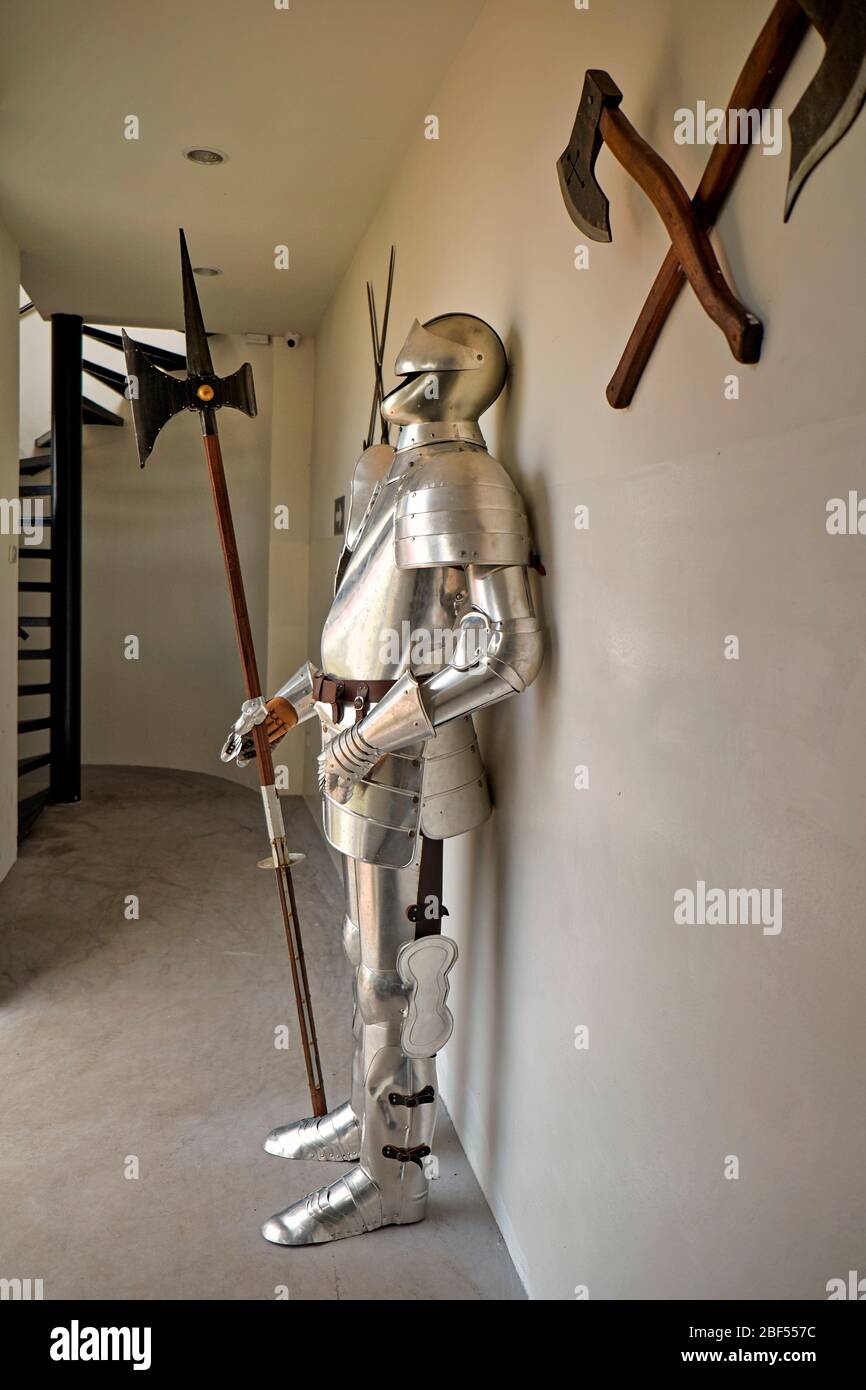 Suit of Armour. Medieval Knight wearing full suit of Armour Stock Photo