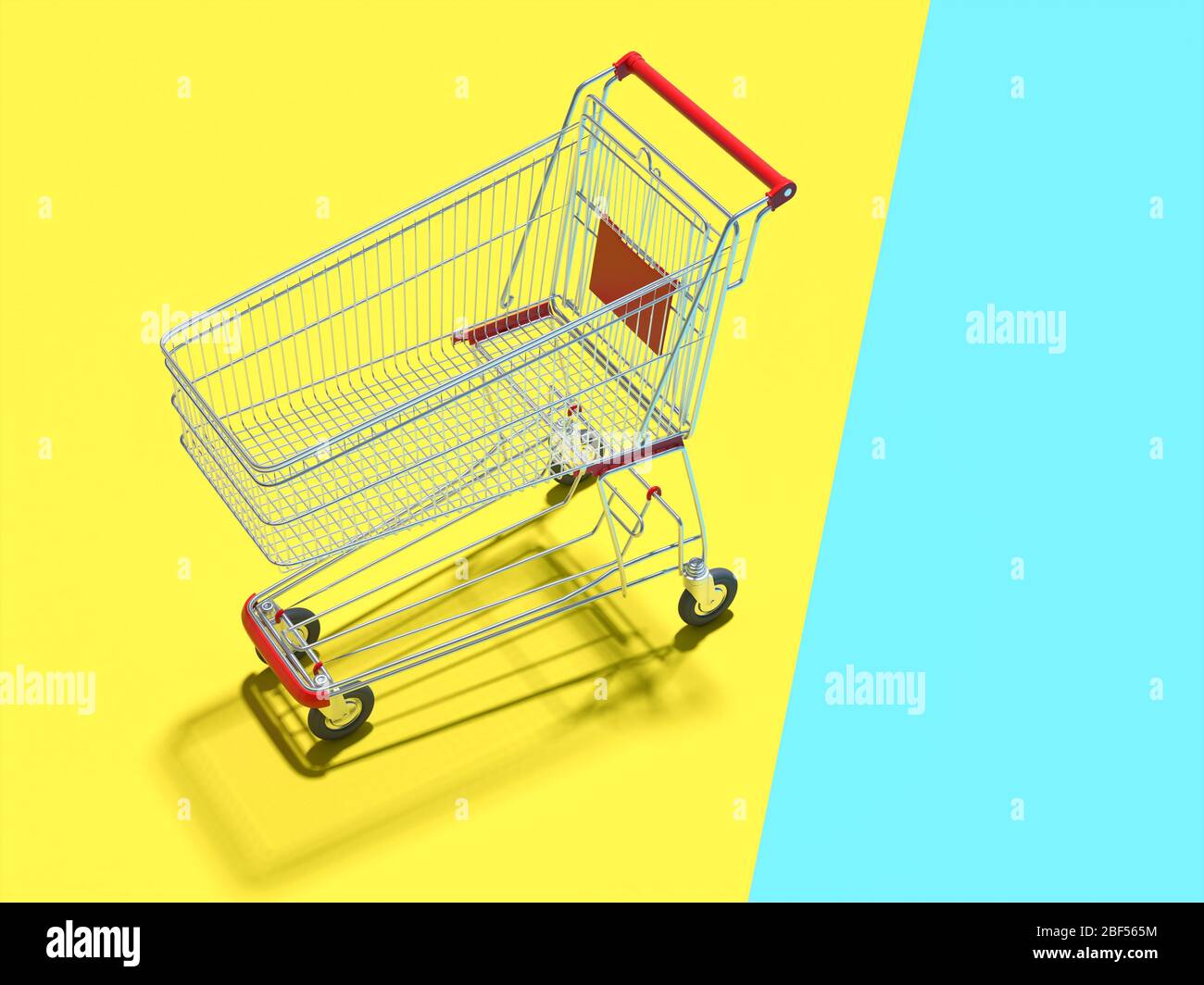 shopping cart on light blue and yellow background, minimalistic 3d image. shopping and shopping concept. Stock Photo