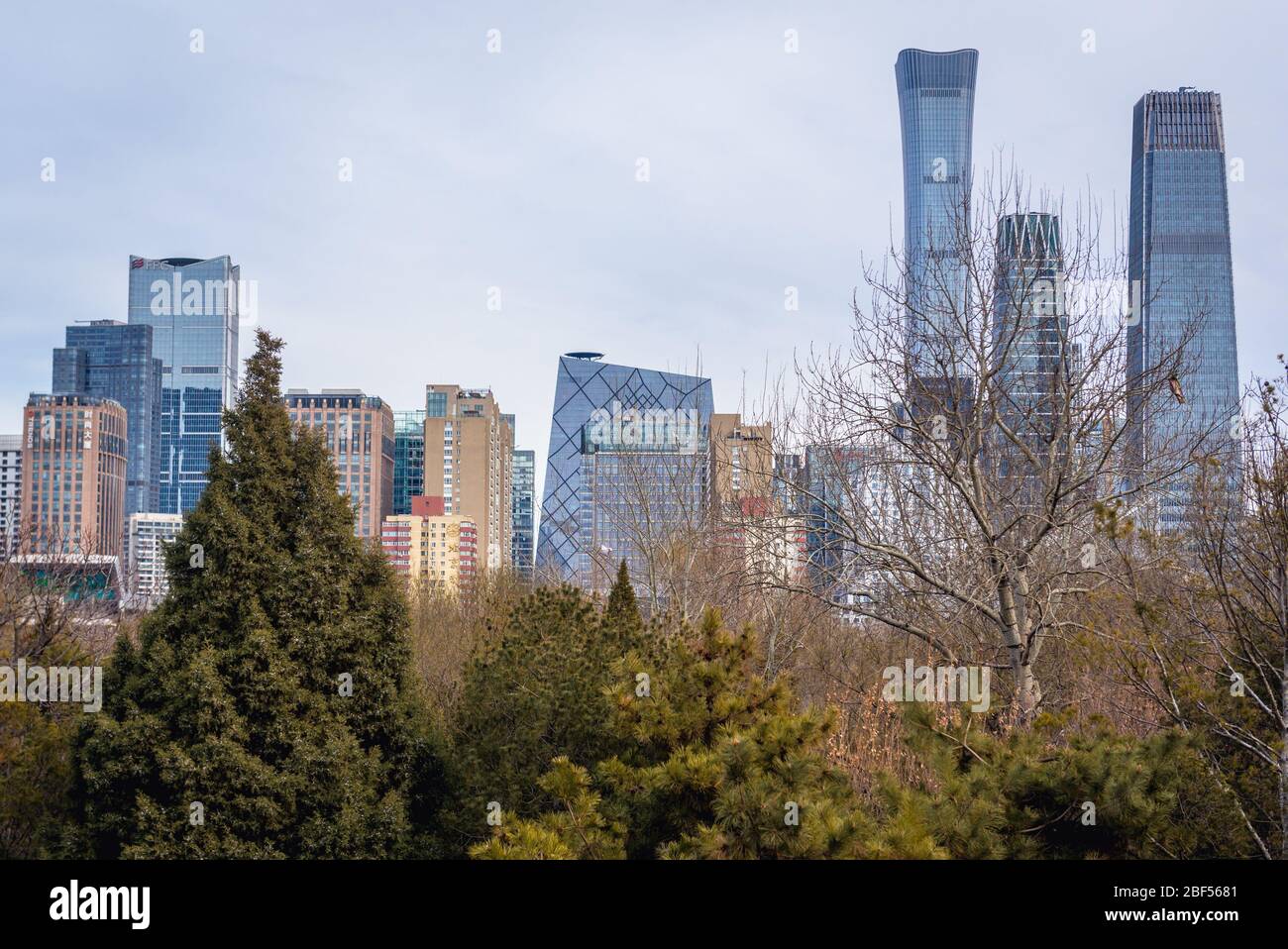 Cityscape of Beijing central business district seen from Ritan Park - Temple of the Sun Park in Jianguomen area of Chaoyang District, Beijing, China Stock Photo