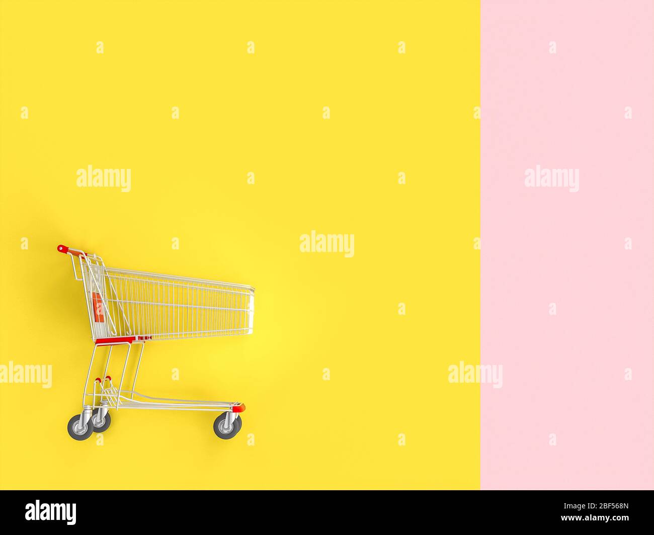 shopping trolley on pink and yellow background, minimalistic 3d image. shopping and shopping concept. Stock Photo