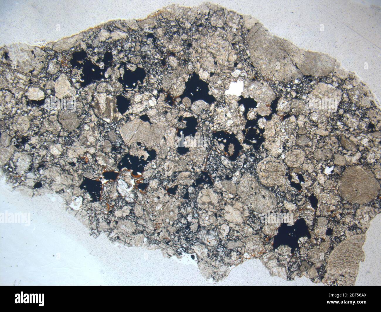 Micrograph of ALHA77221,5 meteorite under plane-polarized light at 1.25x magnification. Stock Photo