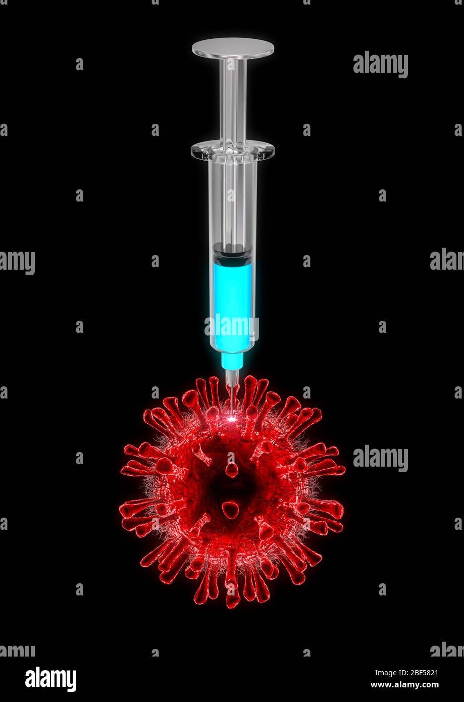 Covid-19 vaccine concept / 3D illustration of large medical syringe injecting red coronavirus cell isolated on black background Stock Photo