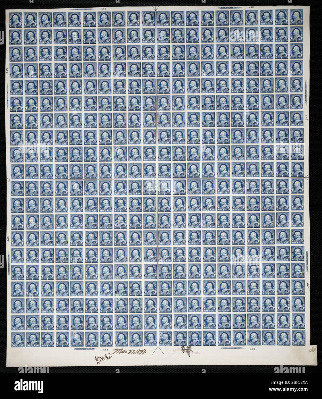 1c Franklin plate proof. Certified plate proofs are the last printed proof of the plate before printing the stamps at the Bureau of Engraving and Printing. These plate proofs are each unique, with the approval signatures and date. Stock Photo